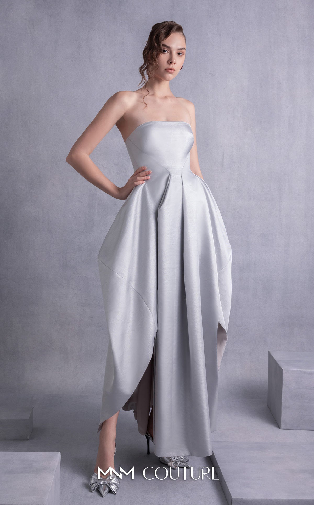 Style GOS2521 Elegant Silver Mikado Piqué Strapless Dress