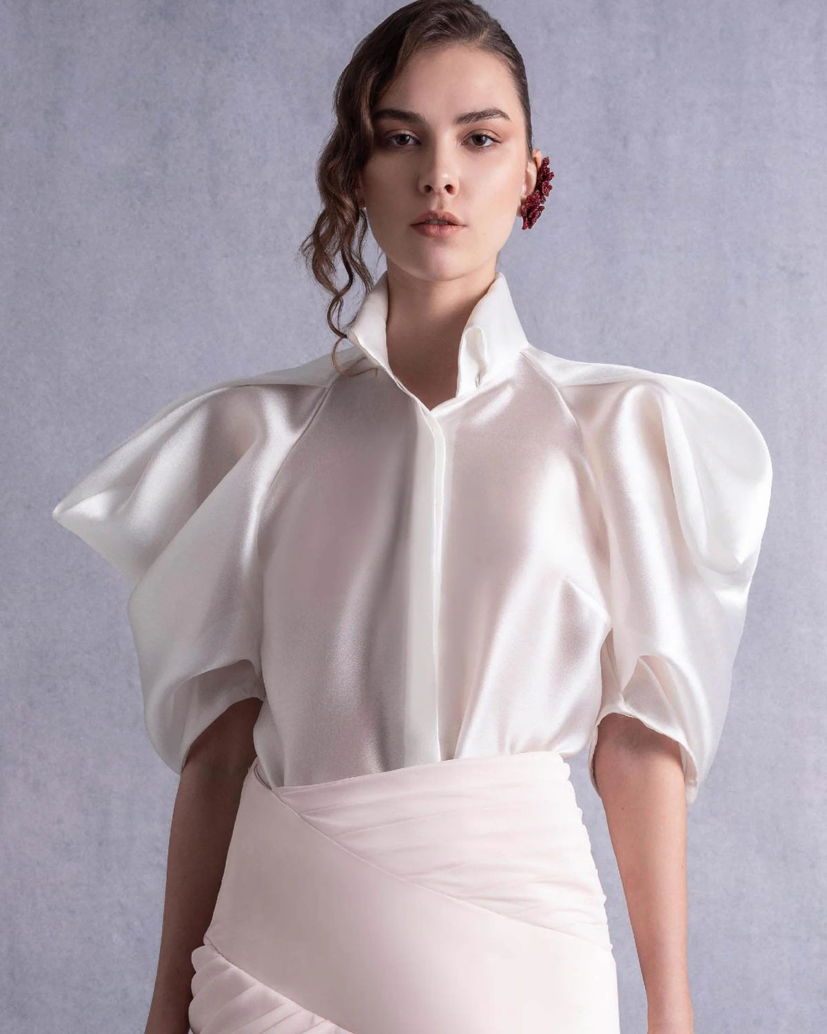 Style GOS2522 Puffy Sleeves Sheer Organza Blouse Skirt