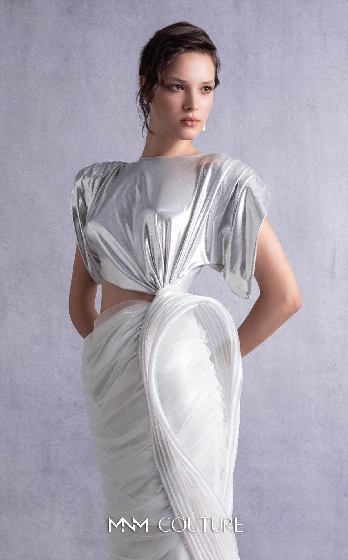 Style GOS2523 Cutout Side Knot Silver Lamé Lycra Dress