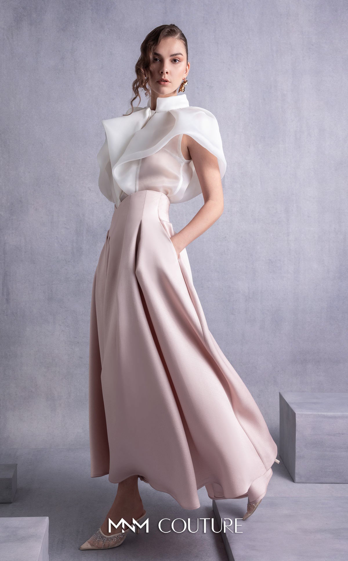 Style GOS2524 High Neck Cascading Off-White Organza Blouse Midi Skirt