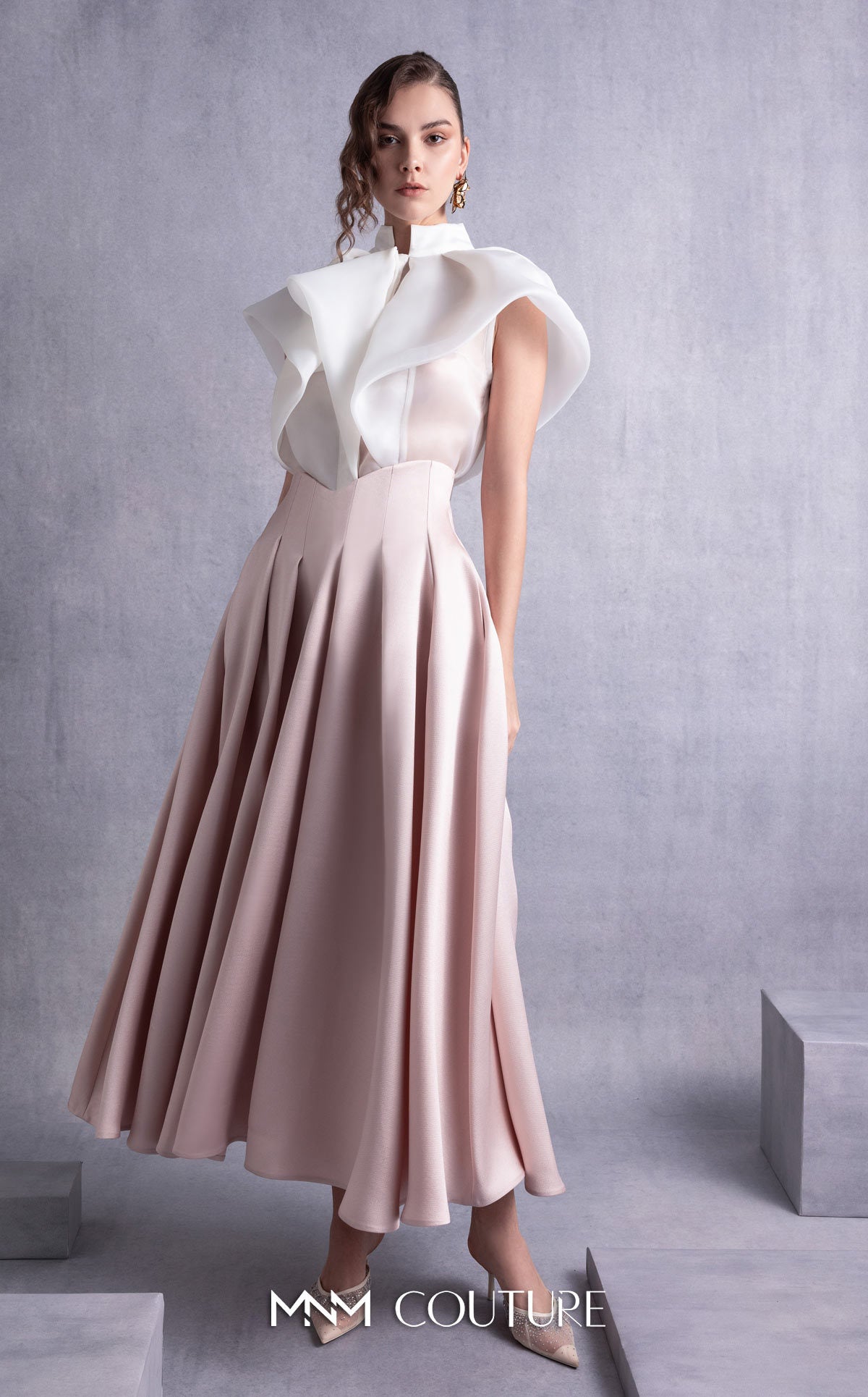 Style GOS2524 High Neck Cascading Off-White Organza Blouse Midi Skirt