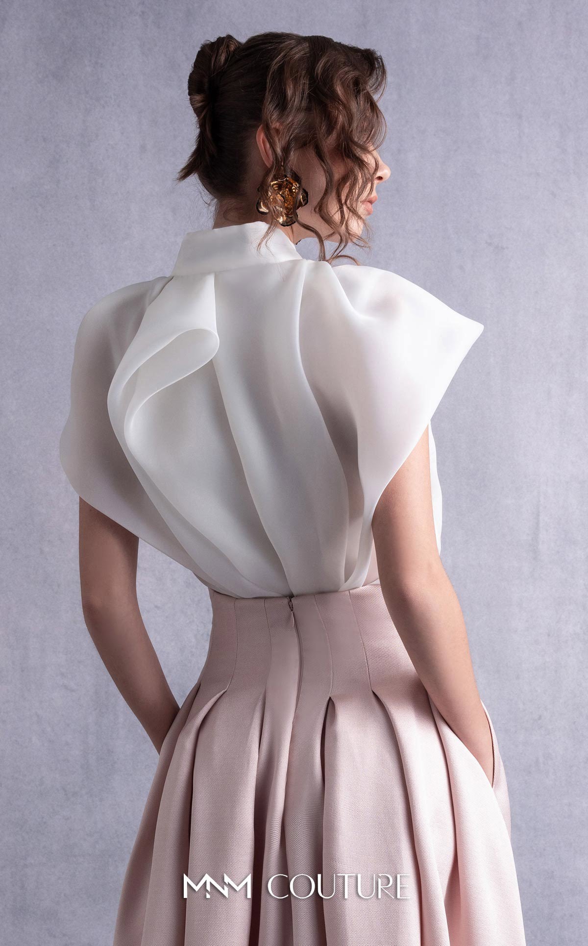 Style GOS2524 High Neck Cascading Off-White Organza Blouse Midi Skirt