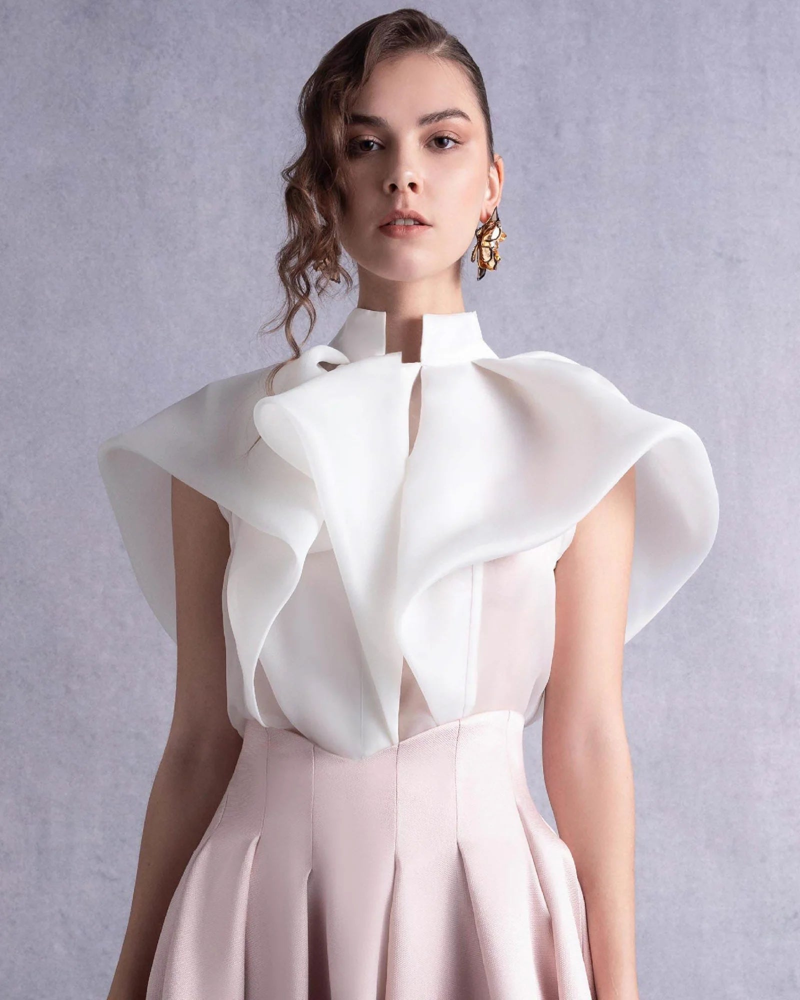 Style GOS2524 High Neck Cascading Off-White Organza Blouse Midi Skirt