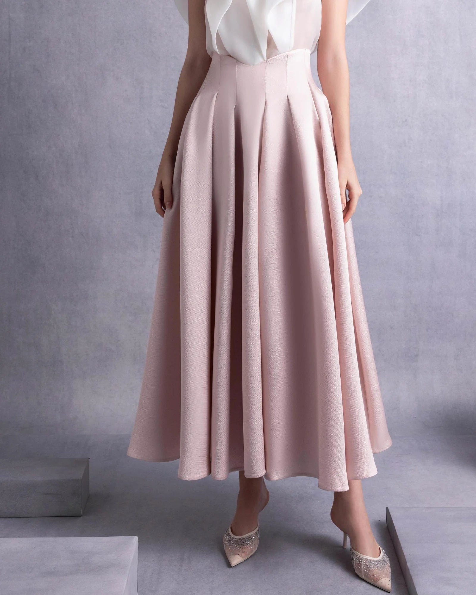 Style GOS2524 High Neck Cascading Off-White Organza Blouse Midi Skirt