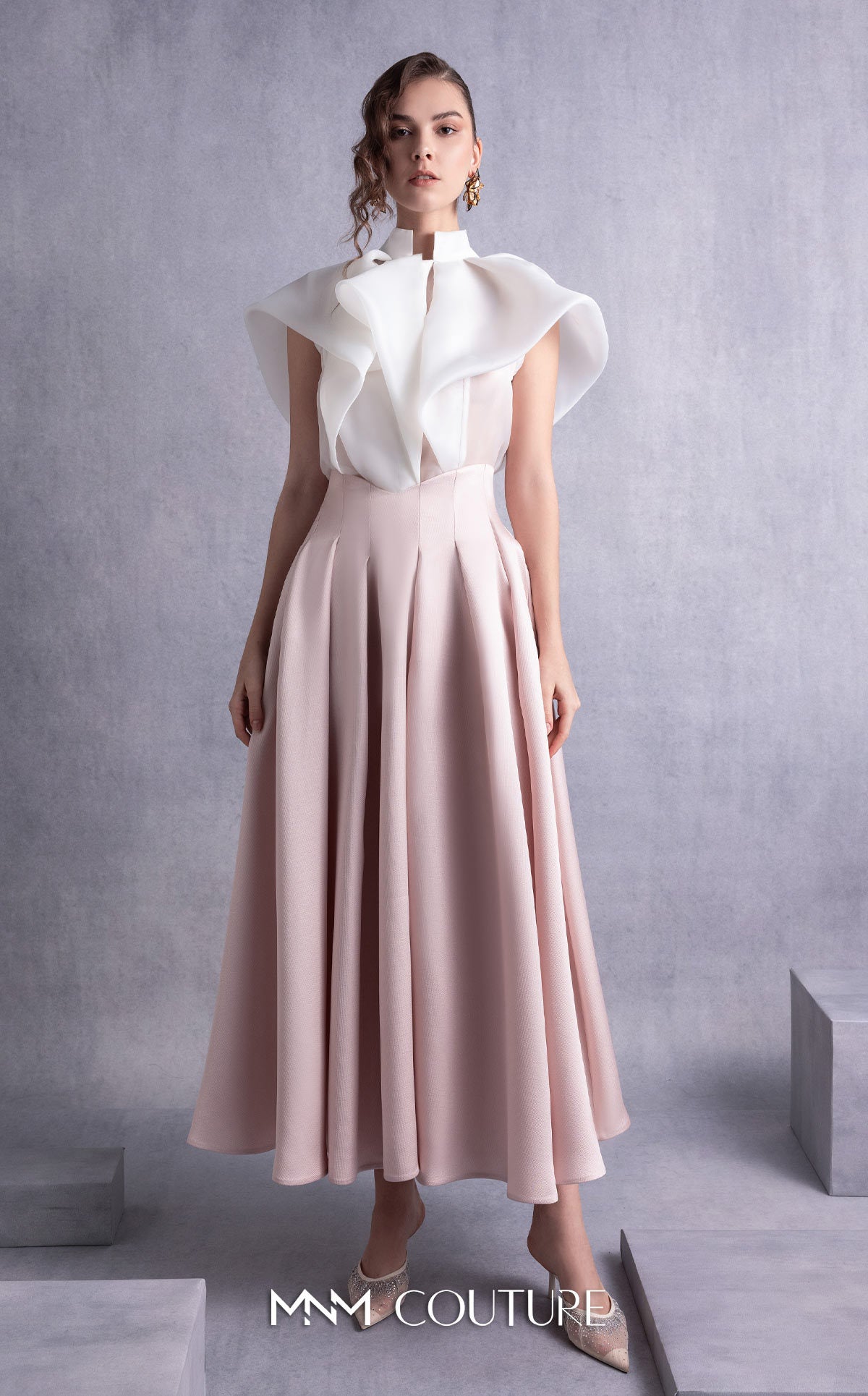 Style GOS2524 High Neck Cascading Off-White Organza Blouse Midi Skirt