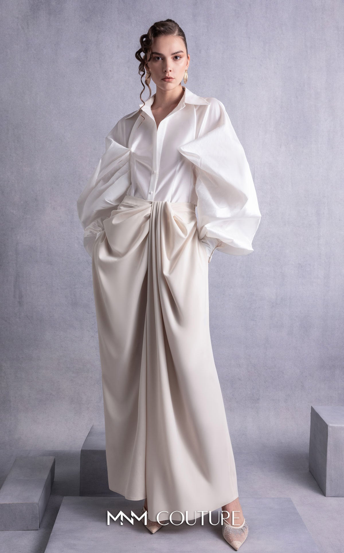 Style GOS2529 Cinched Waist Puff Sleeves Blouse Palazzo Pants