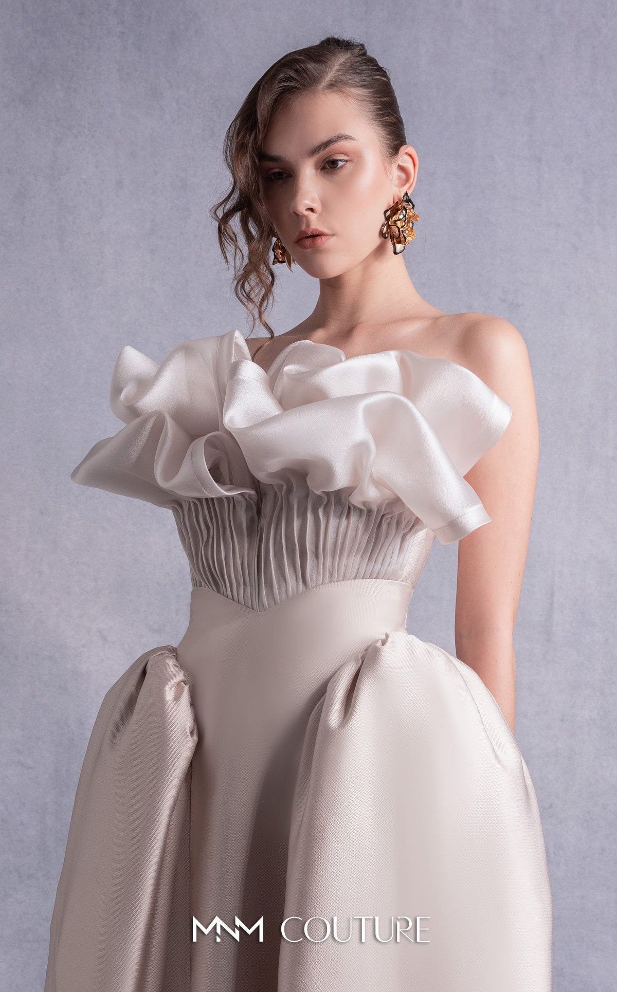 Style GOS2531 Pleated Organza Corset Top with Voluminous Neckline Manipulation Piqué Midi Skirt
