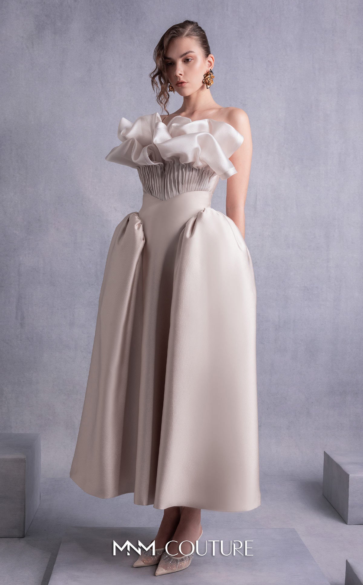 Style GOS2531 Pleated Organza Corset Top with Voluminous Neckline Manipulation Piqué Midi Skirt