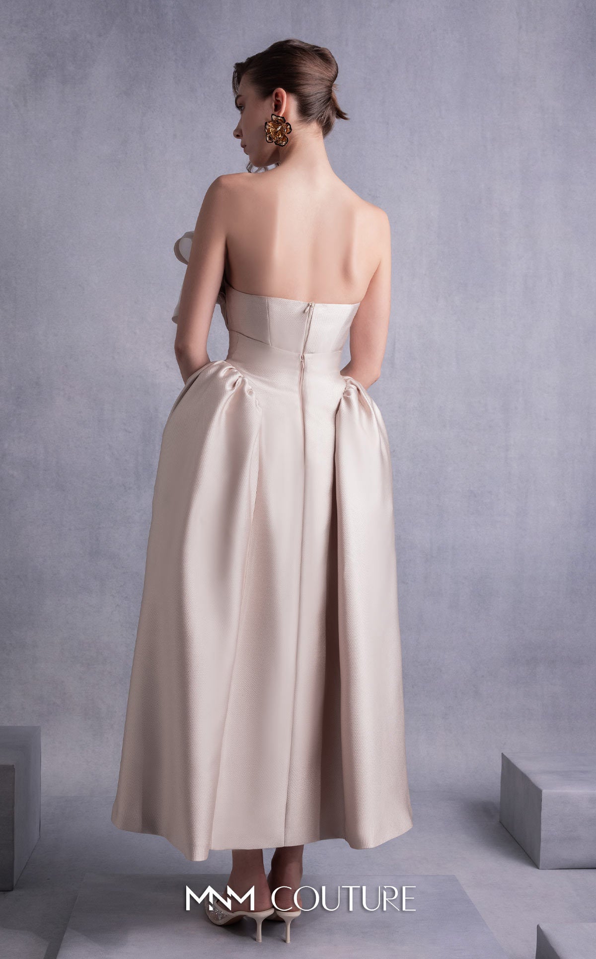 Style GOS2531 Pleated Organza Corset Top with Voluminous Neckline Manipulation Piqué Midi Skirt