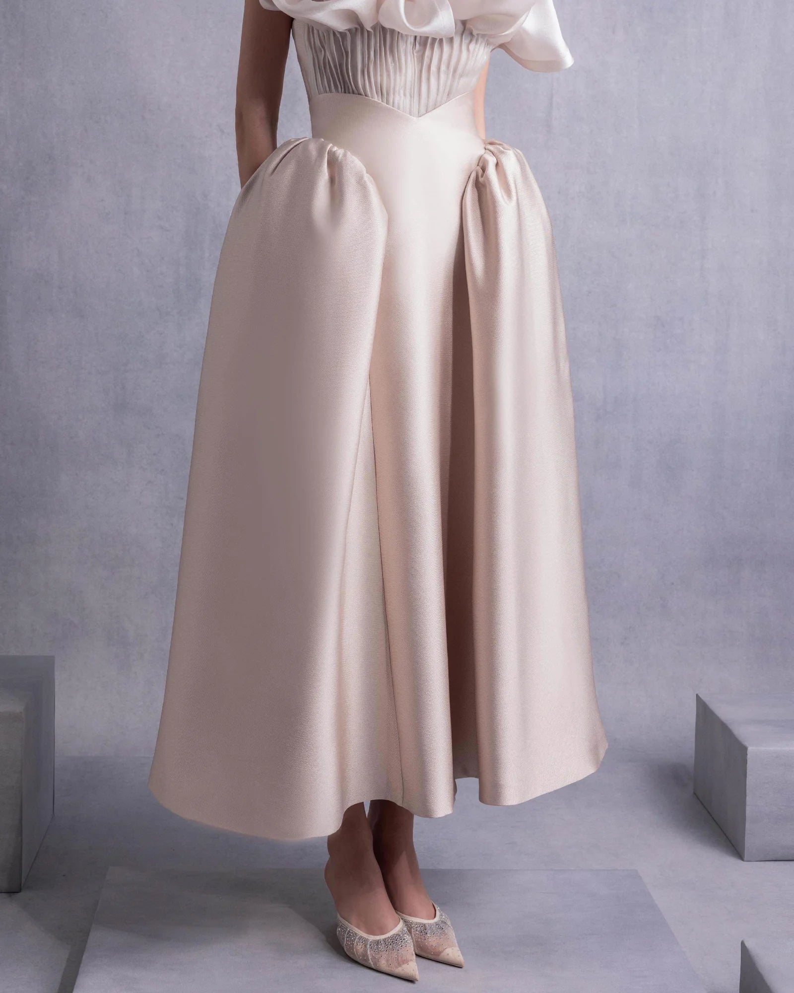 Style GOS2531 Pleated Organza Corset Top with Voluminous Neckline Manipulation Piqué Midi Skirt