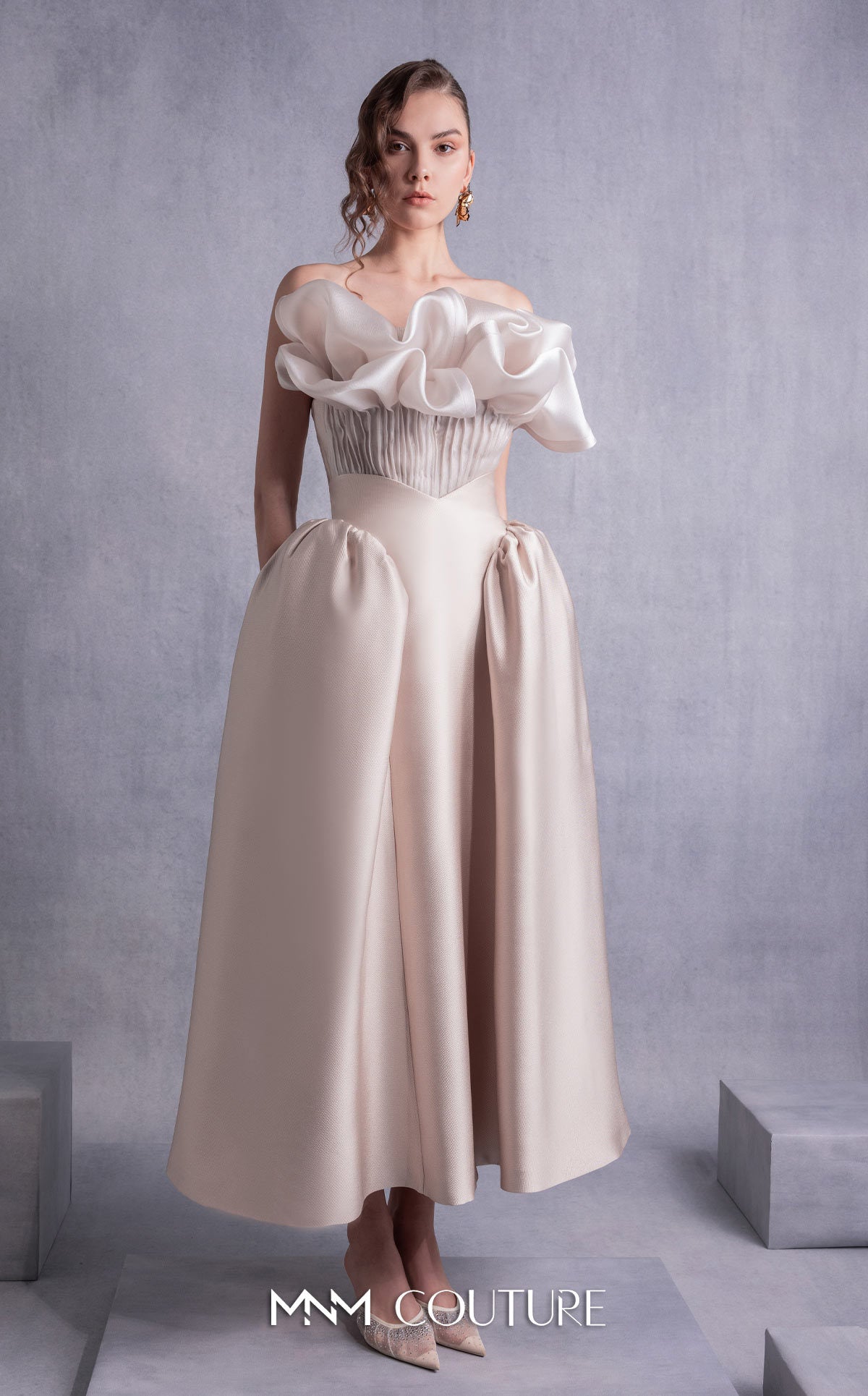 Style GOS2531 Pleated Organza Corset Top with Voluminous Neckline Manipulation Piqué Midi Skirt