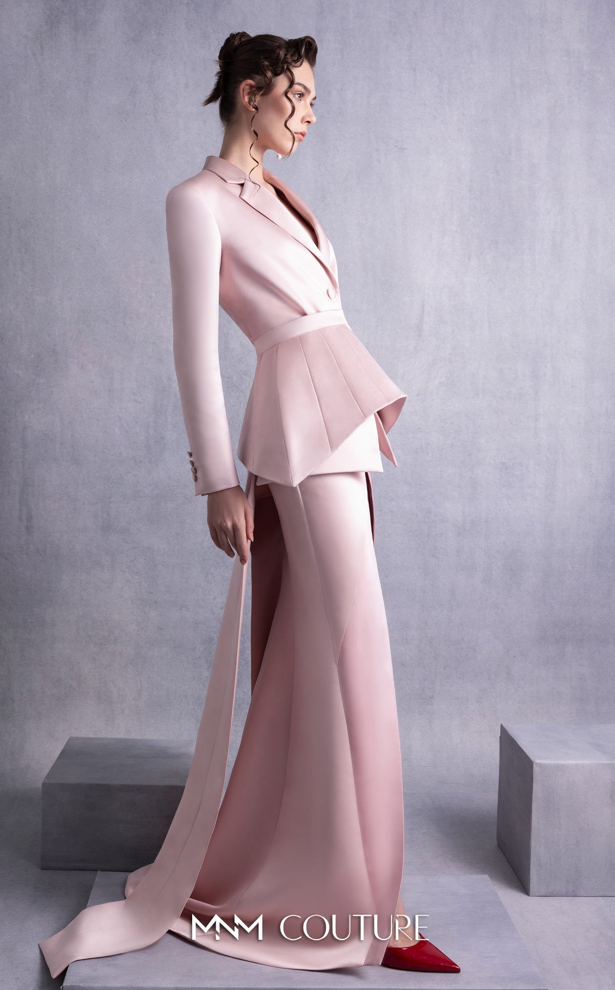 Style GOS2532 Pink Razmir Jacket with Train and Structured Peplum Belt Razmir Layered Skirt