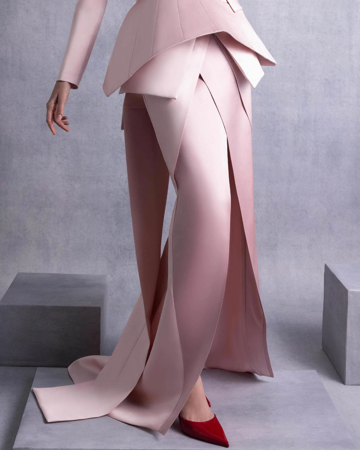 Style GOS2532 Pink Razmir Jacket with Train and Structured Peplum Belt Razmir Layered Skirt