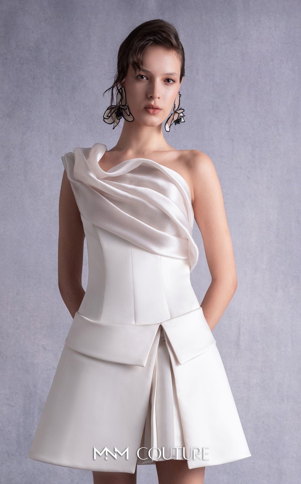 Style GOS2537 Ivory Razmir Short Dress, Draped Organza Shoulder