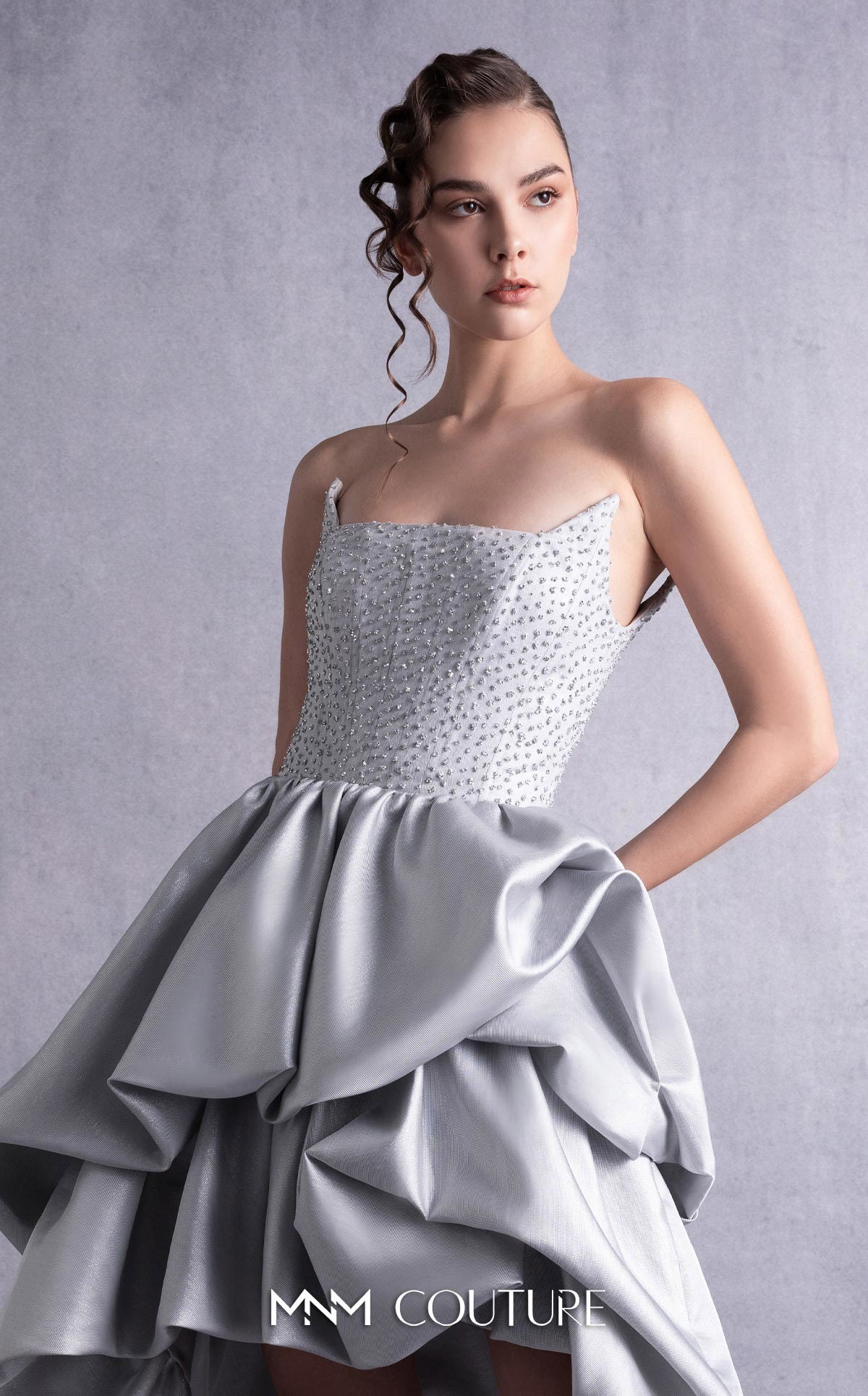 Style GOS2538 Silver Embroidered Angled Bust Mikado Piqué Dress