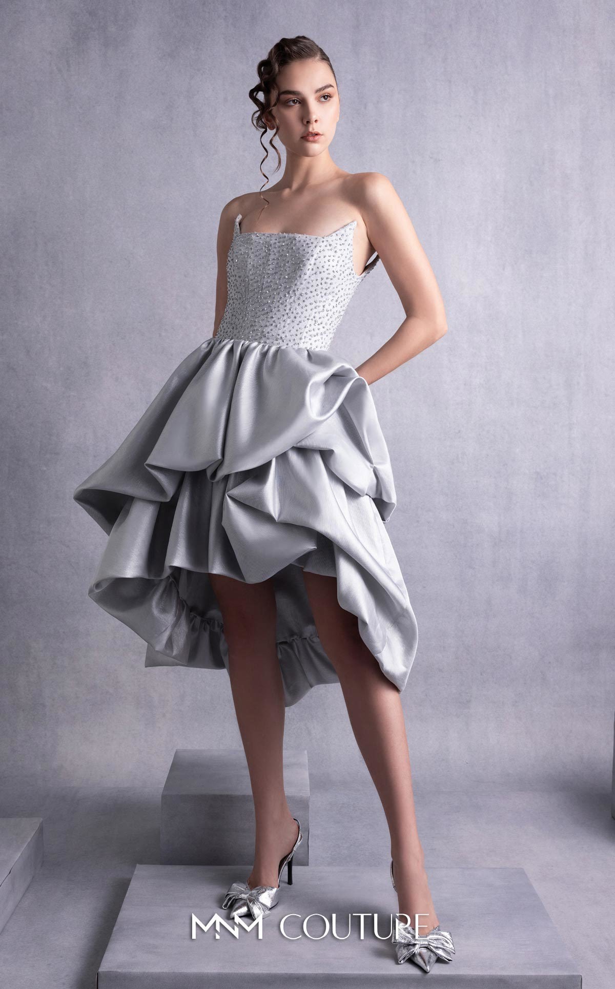 Style GOS2538 Silver Embroidered Angled Bust Mikado Piqué Dress