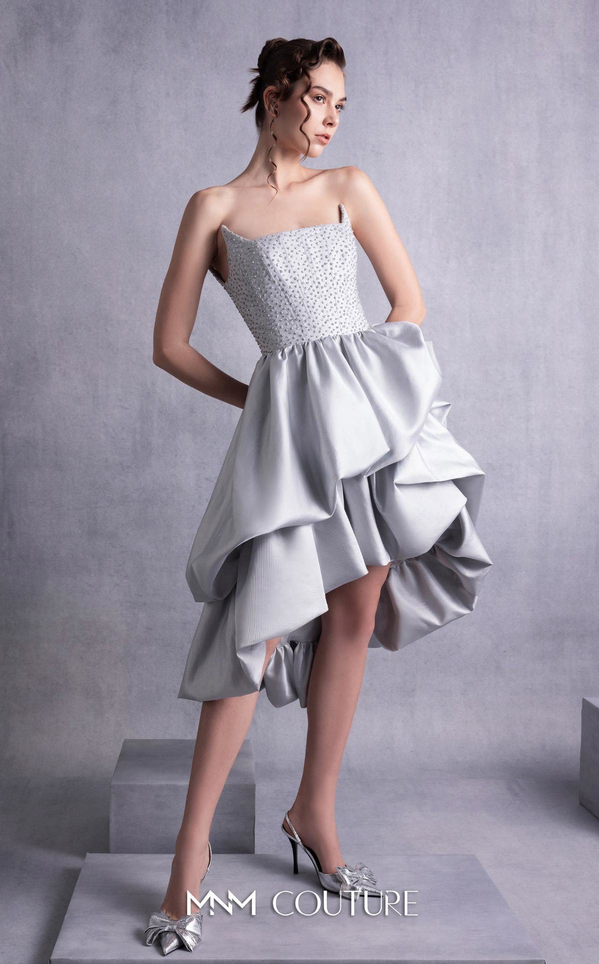Style GOS2538 Silver Embroidered Angled Bust Mikado Piqué Dress