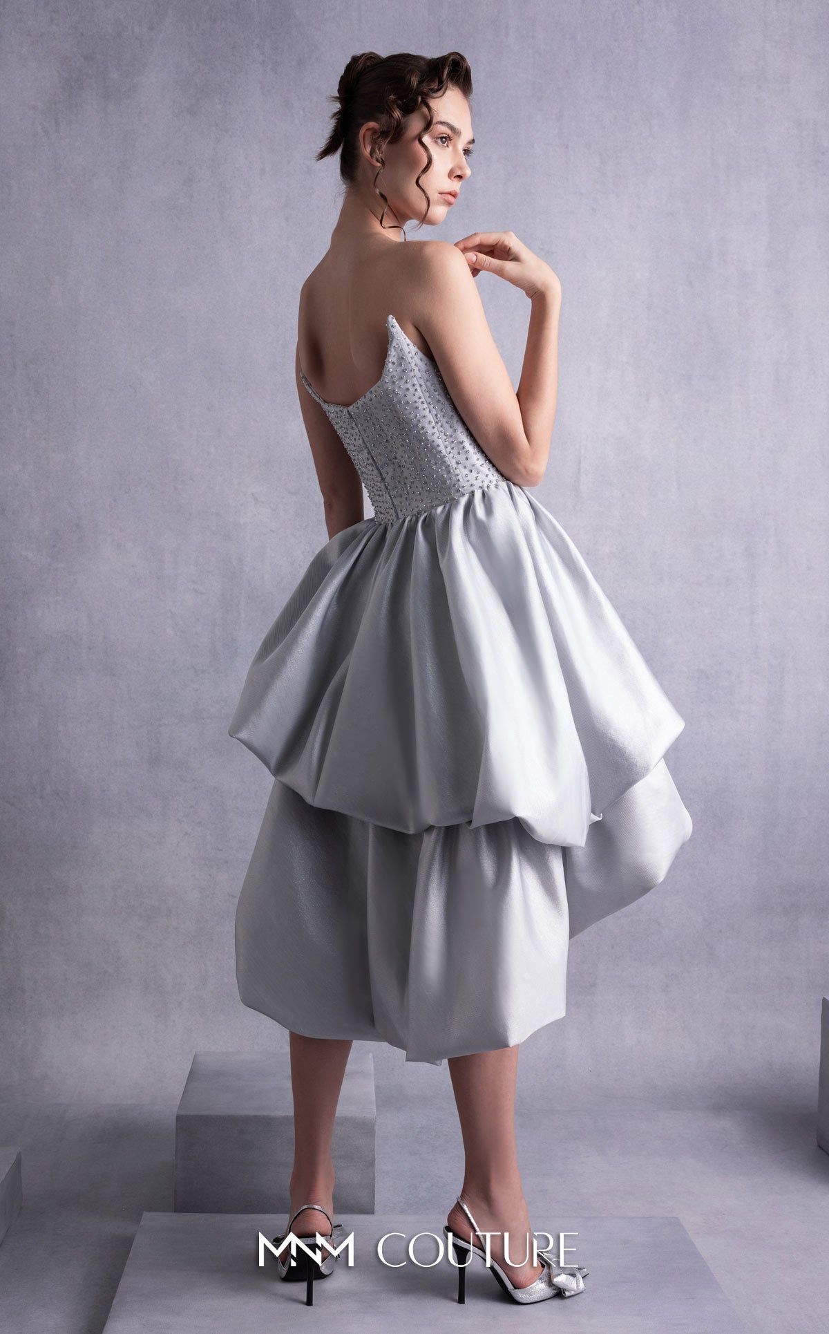 Style GOS2538 Silver Embroidered Angled Bust Mikado Piqué Dress