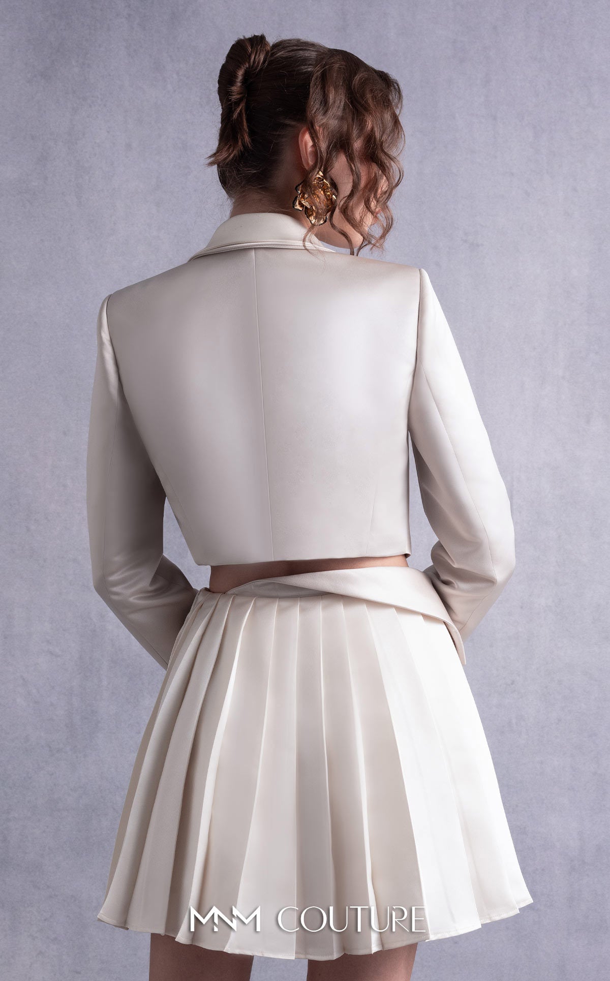 Style GOS2539 Cropped Gold Champagne Razmir Jacket Pleated Gold Razmir Skirt with Draped Accents