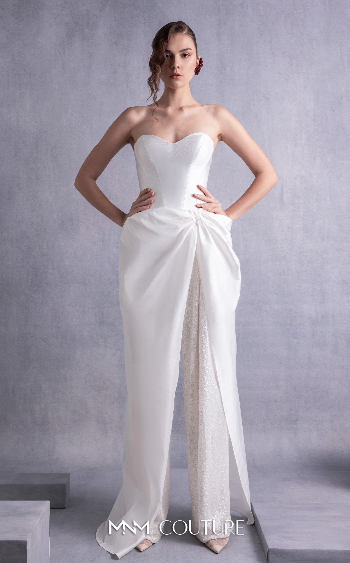 Style GOS2540 Heart Shaped Piqué Corset Top Sequined Wide-Leg Pants with Taffeta Overlay