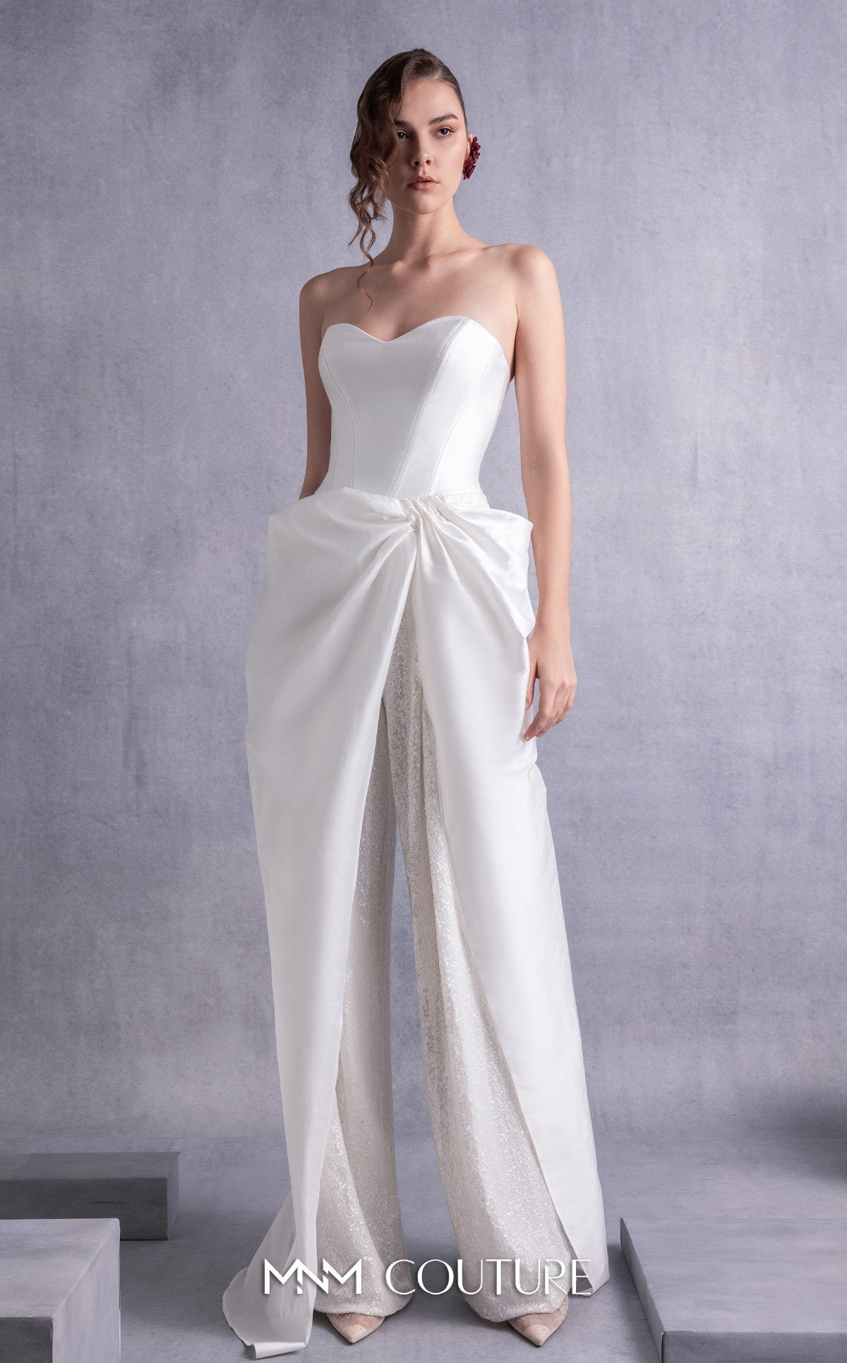 Style GOS2540 Heart Shaped Piqué Corset Top Sequined Wide-Leg Pants with Taffeta Overlay