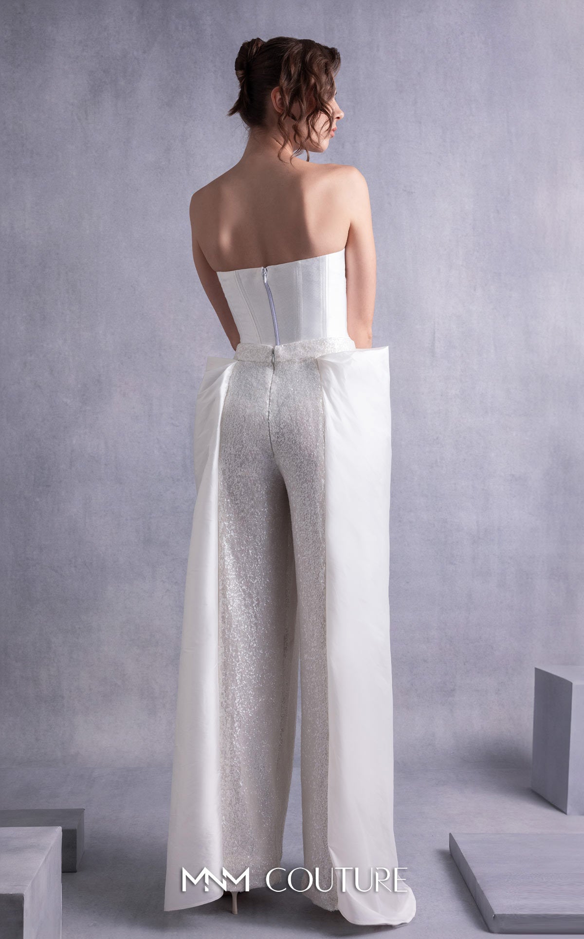 Style GOS2540 Heart Shaped Piqué Corset Top Sequined Wide-Leg Pants with Taffeta Overlay