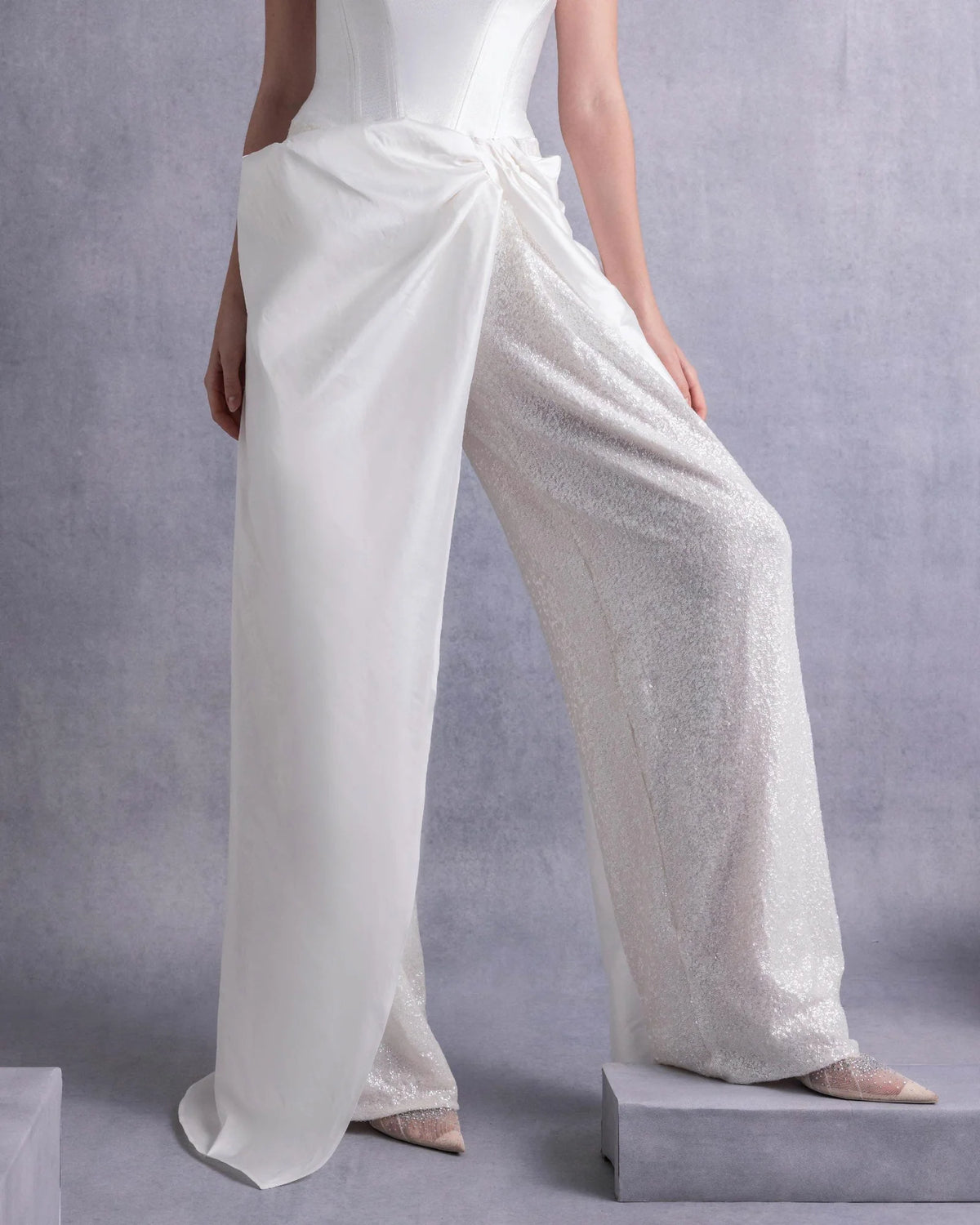 Style GOS2540 Heart Shaped Piqué Corset Top Sequined Wide-Leg Pants with Taffeta Overlay