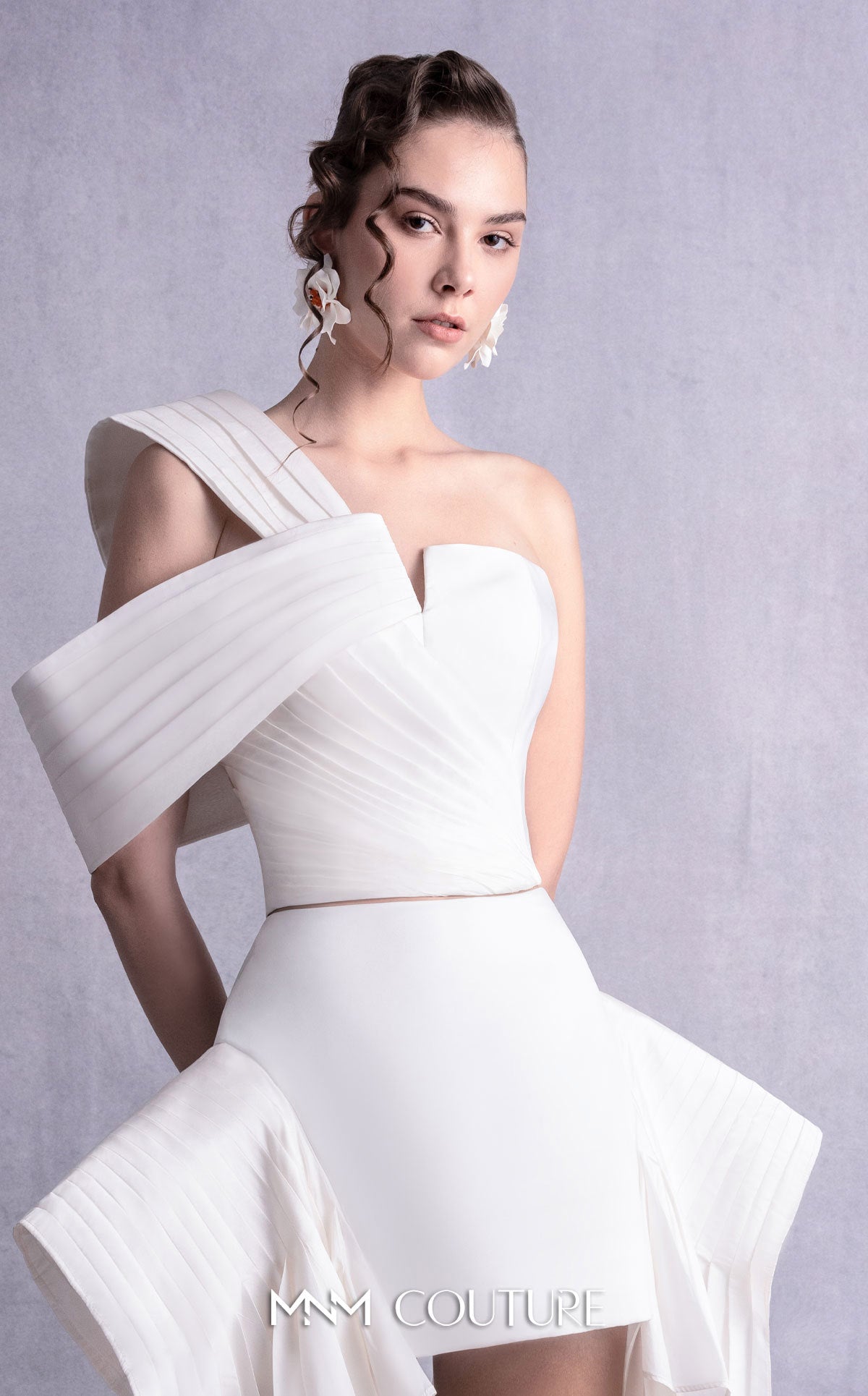 Style GOS2541 Sculptural Pleated Off-Shoulder Asymmetric Taffeta Top with High-Low Razmir Skirt with Voluminous Peplum-like Ruffled Taffeta