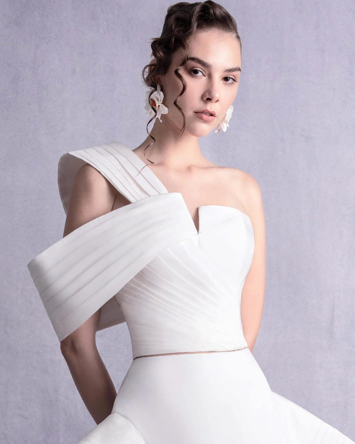 Style GOS2541 Sculptural Pleated Off-Shoulder Asymmetric Taffeta Top with High-Low Razmir Skirt with Voluminous Peplum-like Ruffled Taffeta