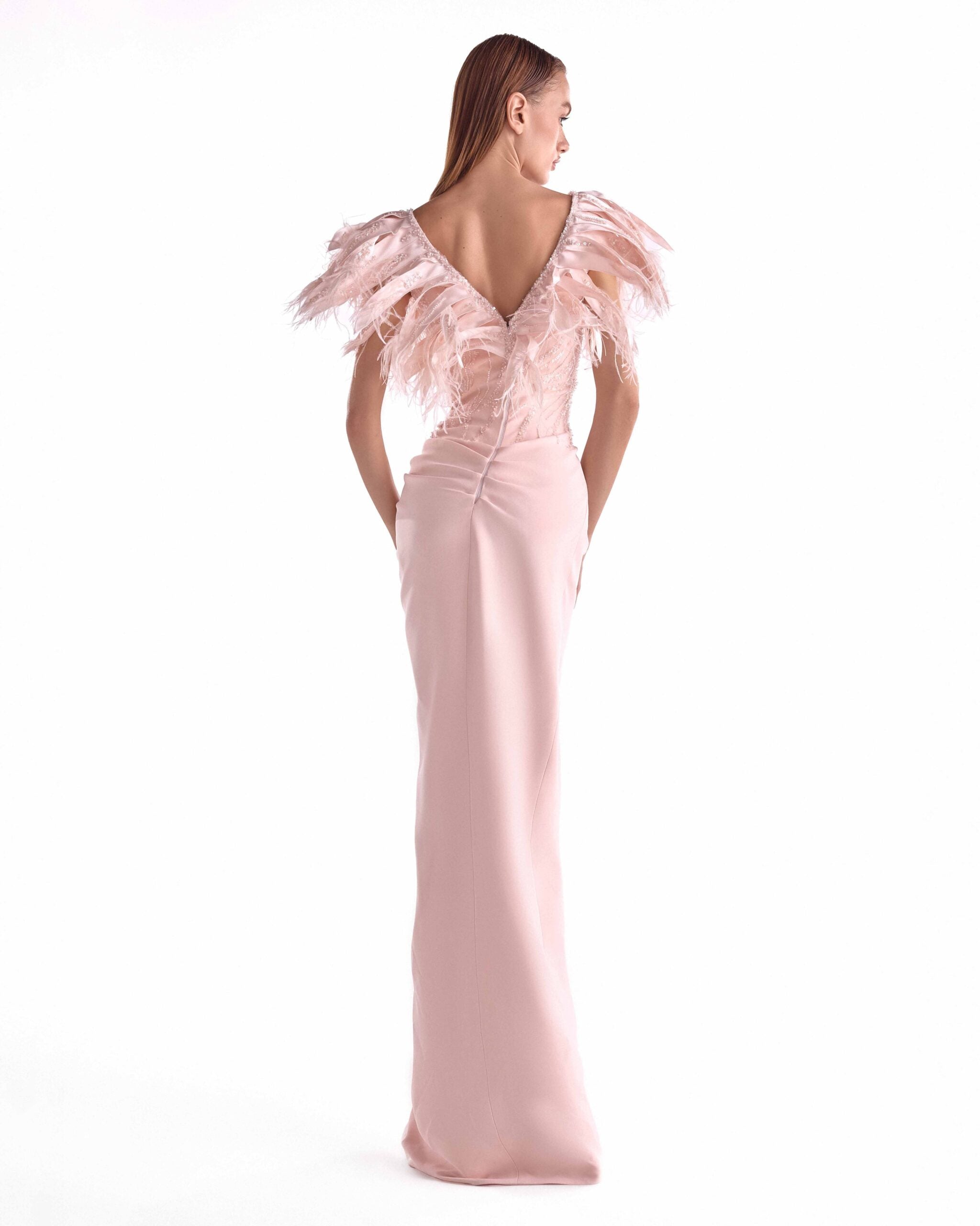 Sultry Salmon Pink Embellished Gown with Gathered Slit Skirt G2122