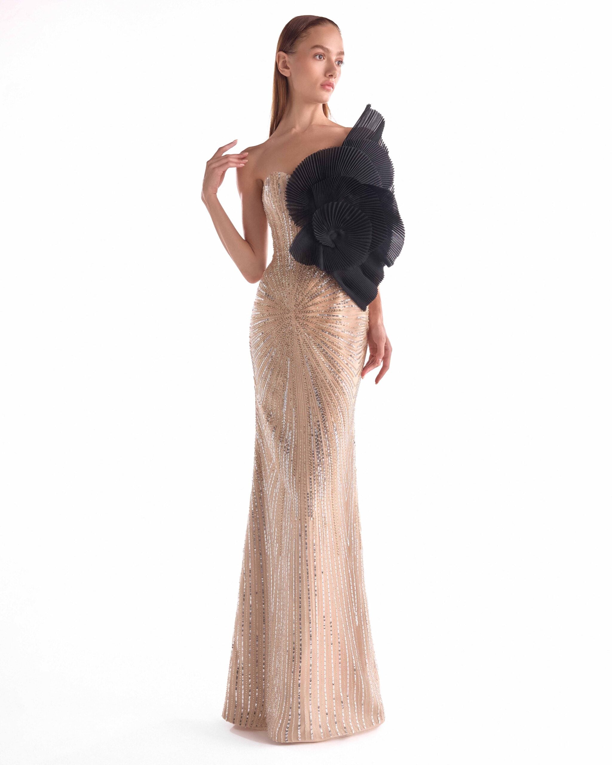 Sunburst Embellished Golden Gown, Oversized Black Bloom Detail G2114