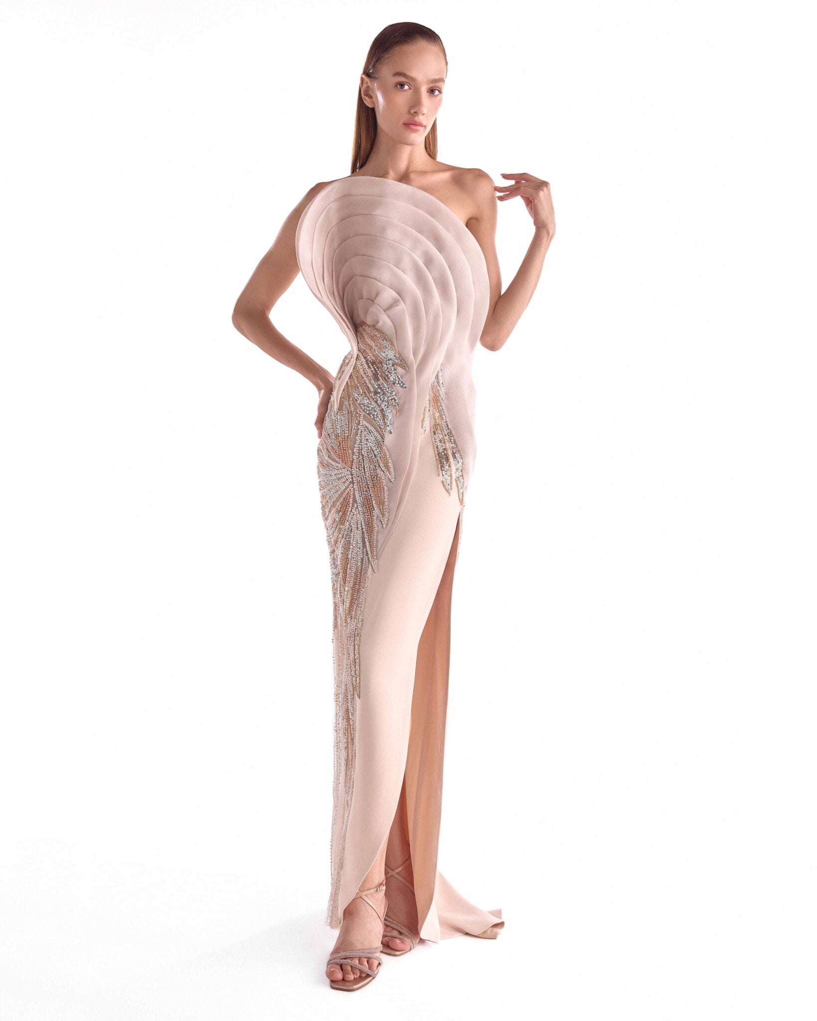 The Poetry of Form in a Nude High Slit Gown G2112