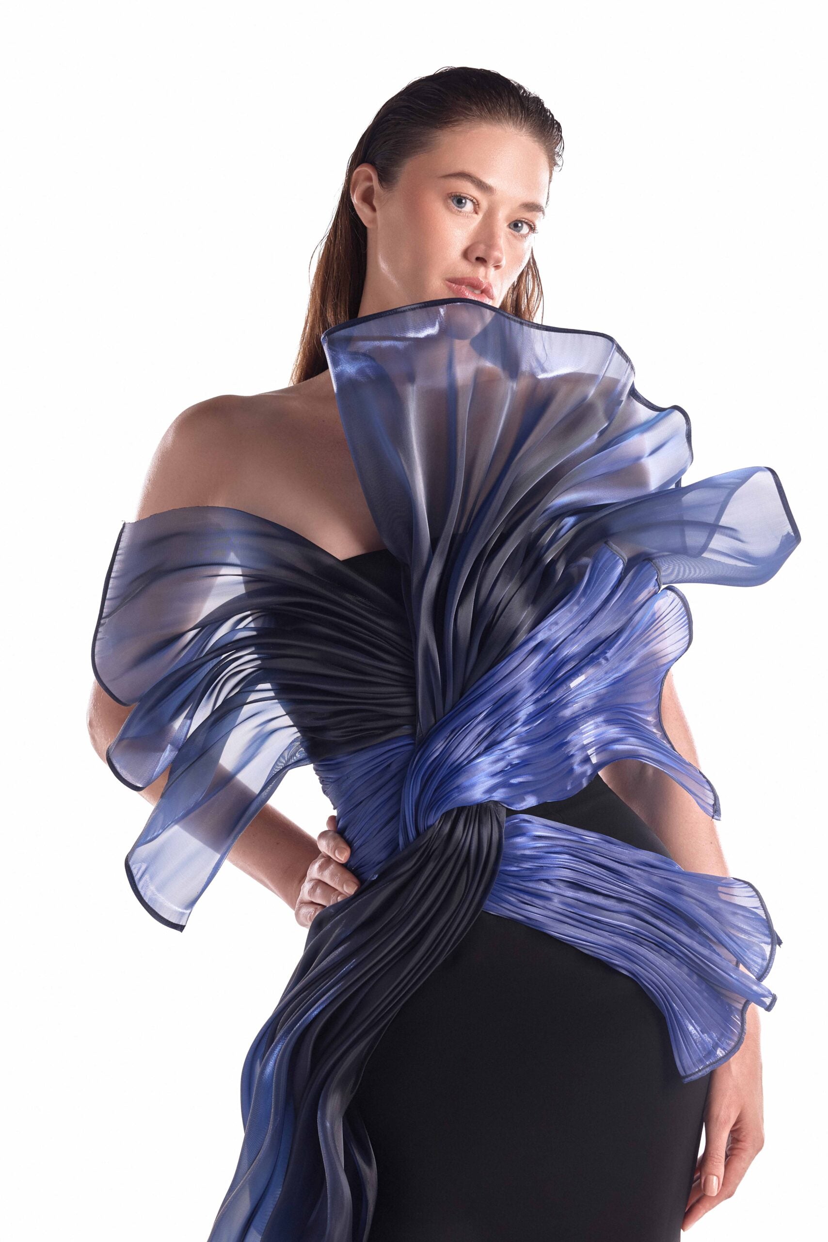 Twisted Dual Tone Fluid Organza Black Gown G2143