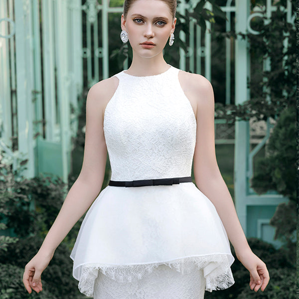 Ory Set – Lace Peplum Column Gown with Bow Belt