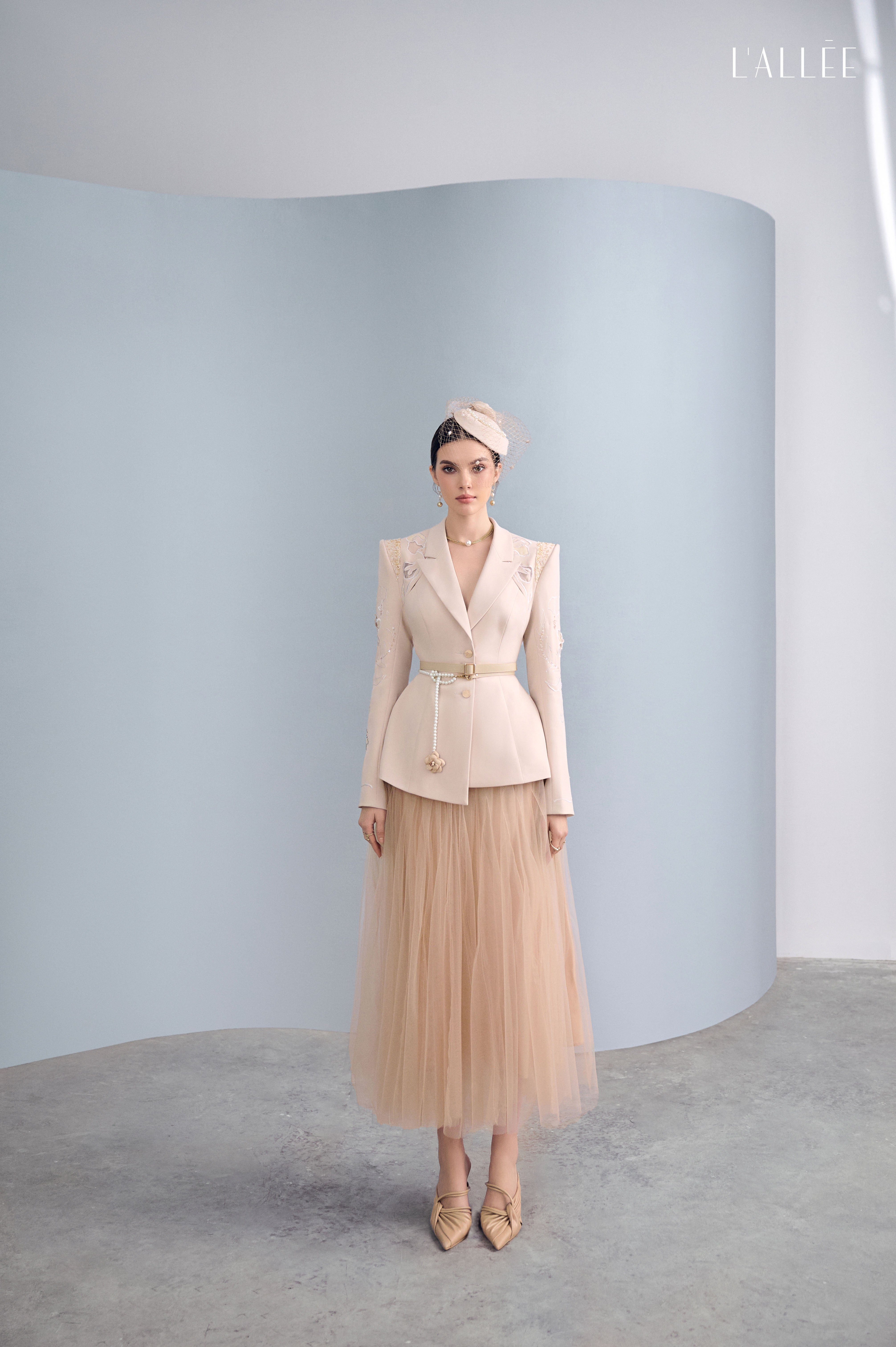 Camel Asymmetrical Lapel Blazer & Chiffon Skirt