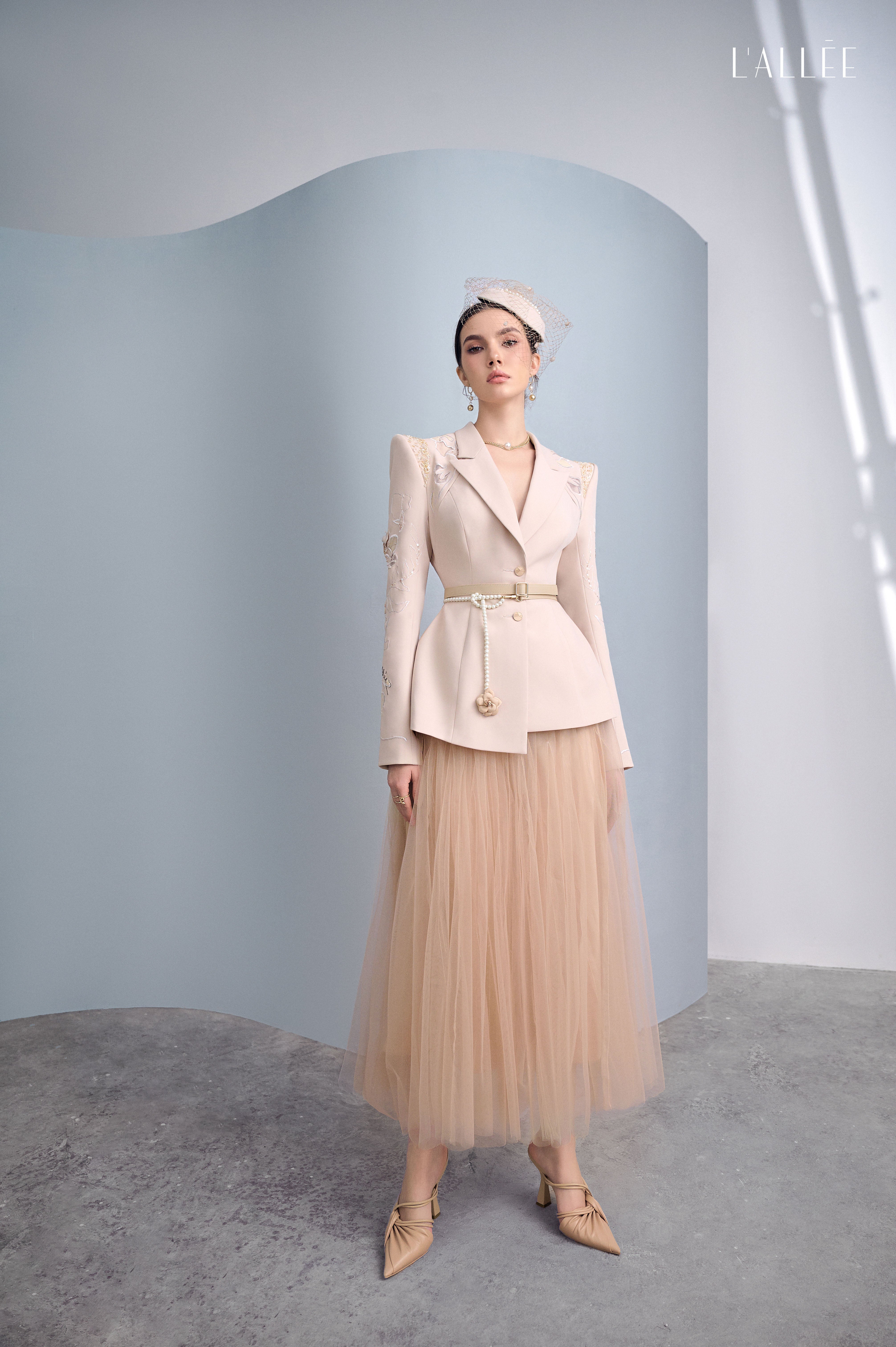 Camel Asymmetrical Lapel Blazer & Chiffon Skirt