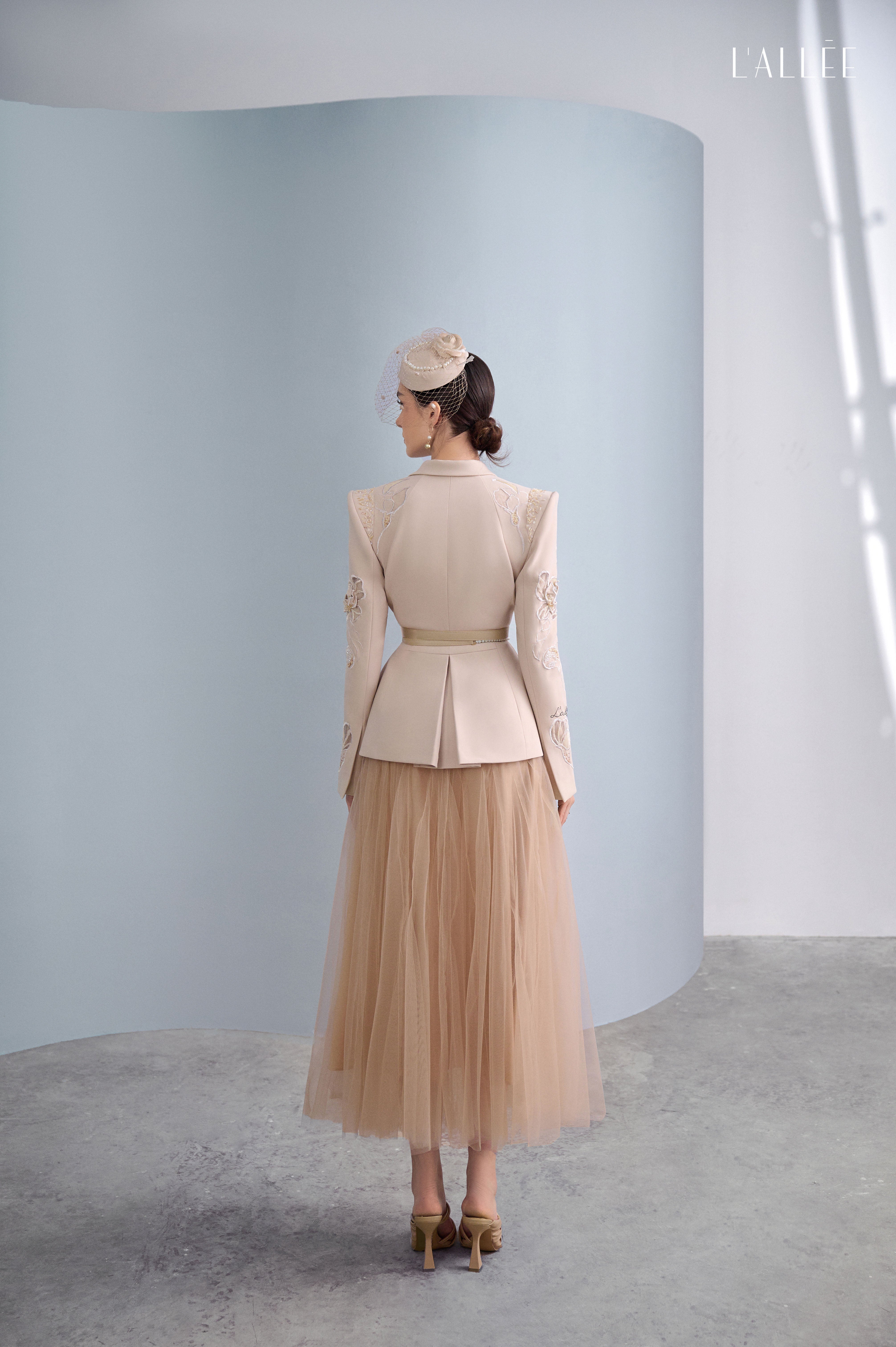 Camel Asymmetrical Lapel Blazer & Chiffon Skirt