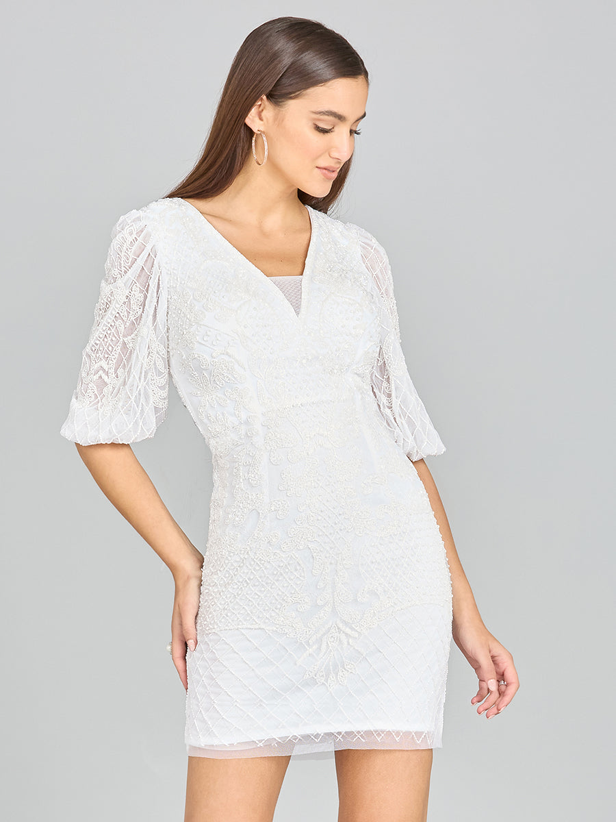 V-Neck Beaded Bridal Short with Sleeves 51118