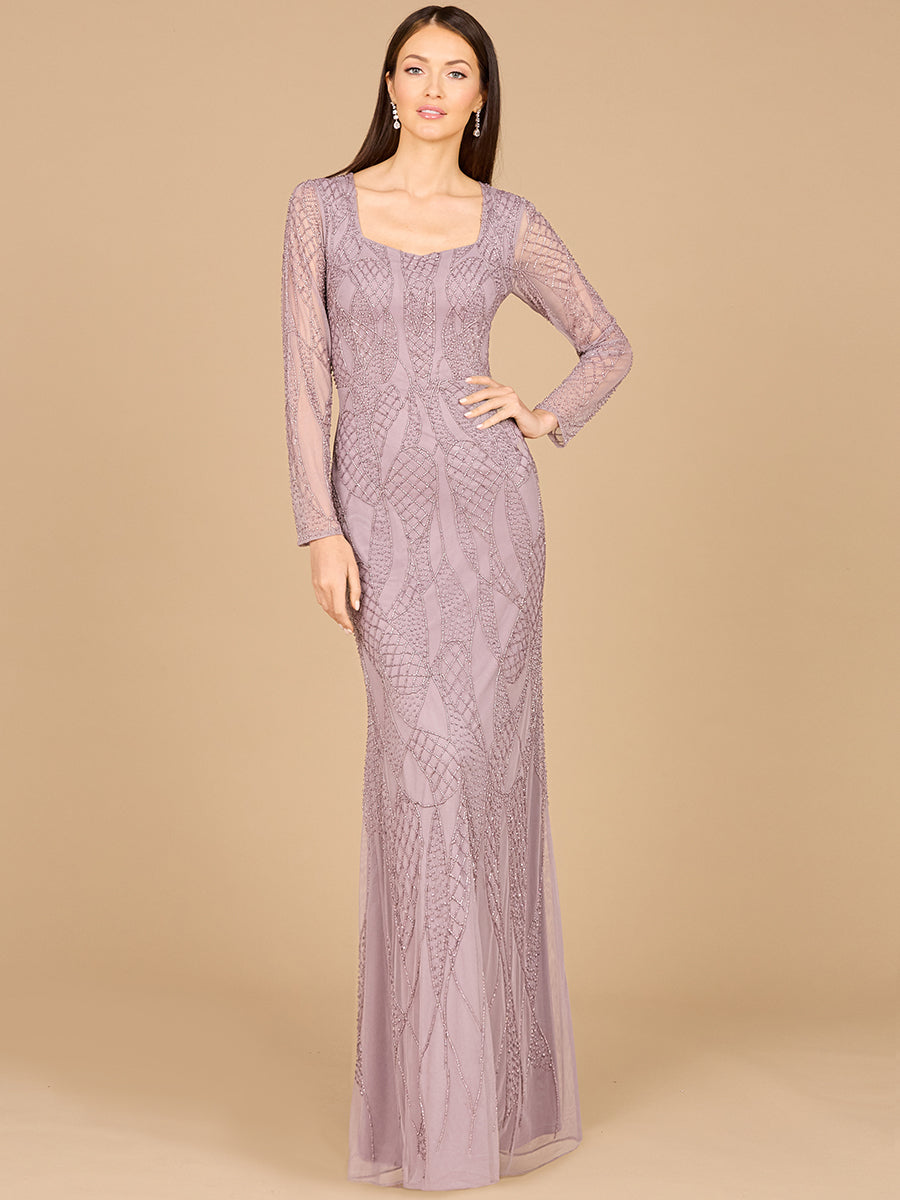 V Neck Beaded Long Sleeve Dress 29094