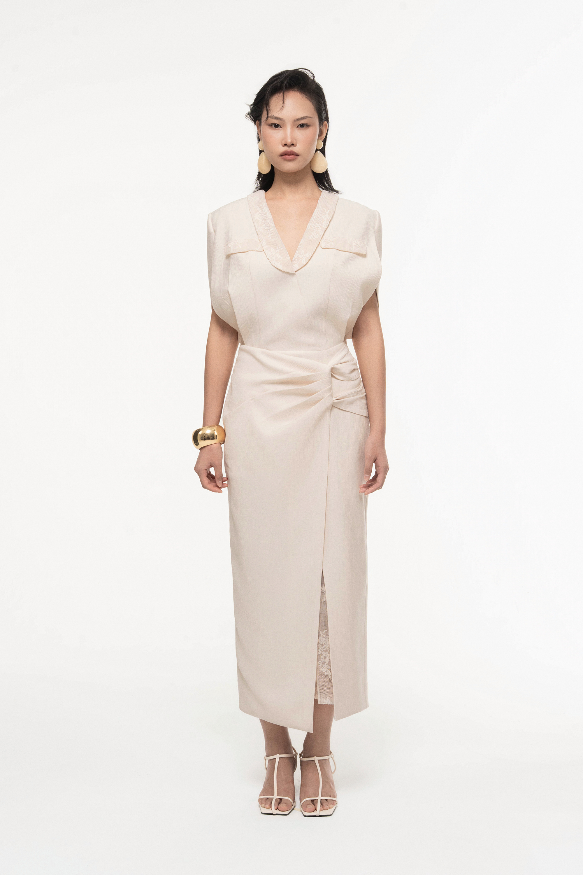 V-Neck Draped Midi Dress