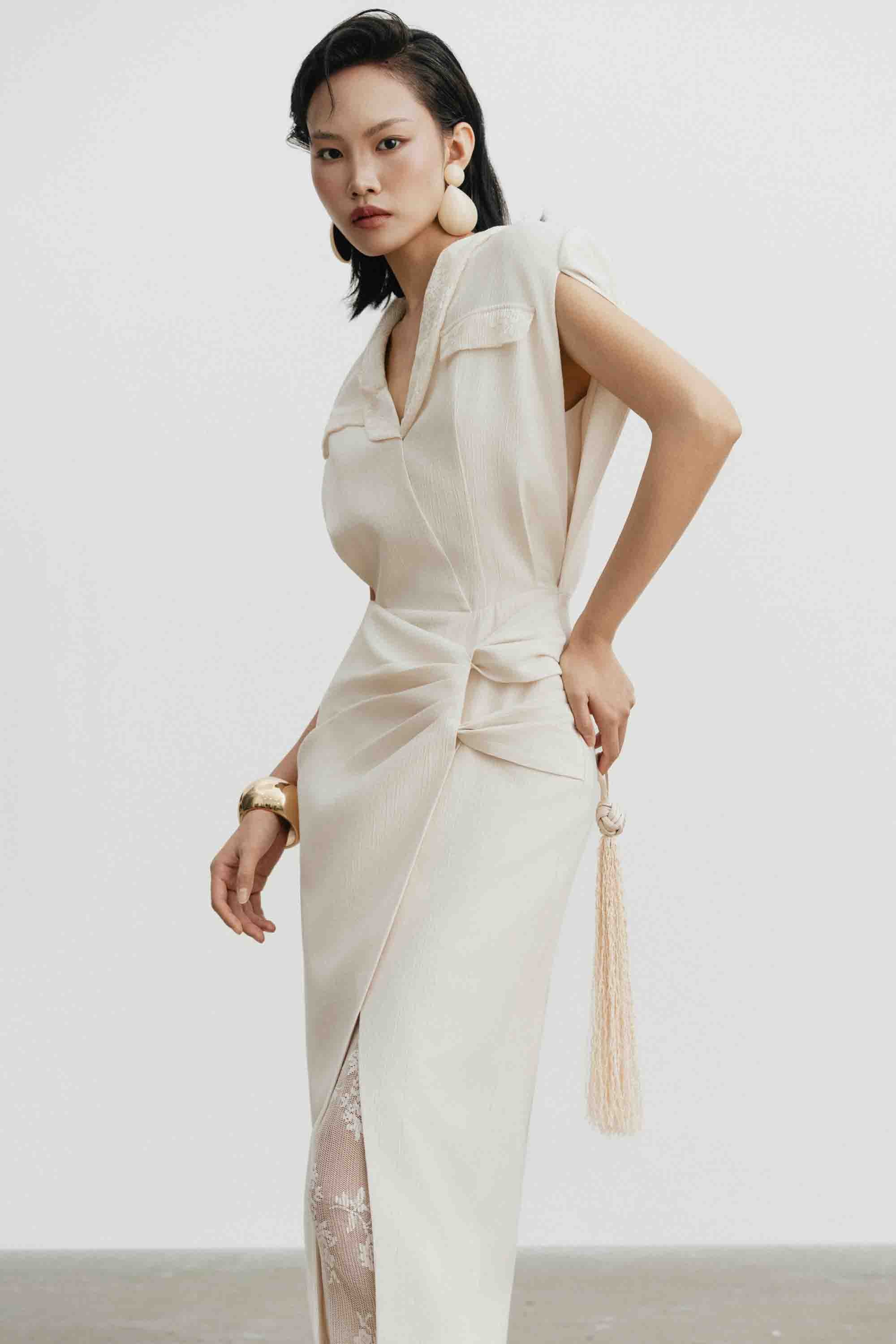 V-Neck Draped Midi Dress