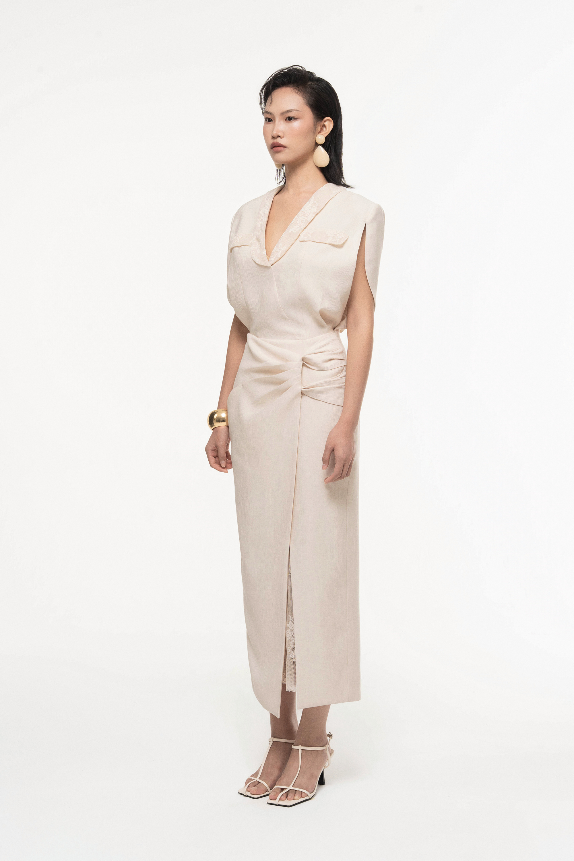 V-Neck Draped Midi Dress