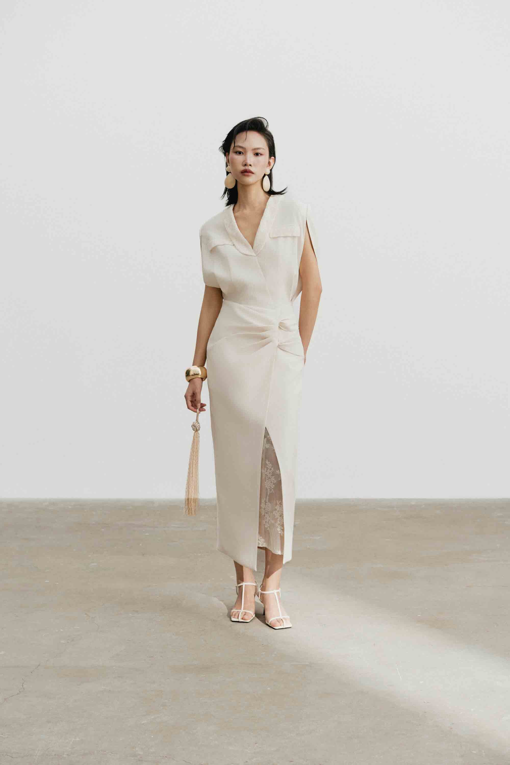 V-Neck Draped Midi Dress