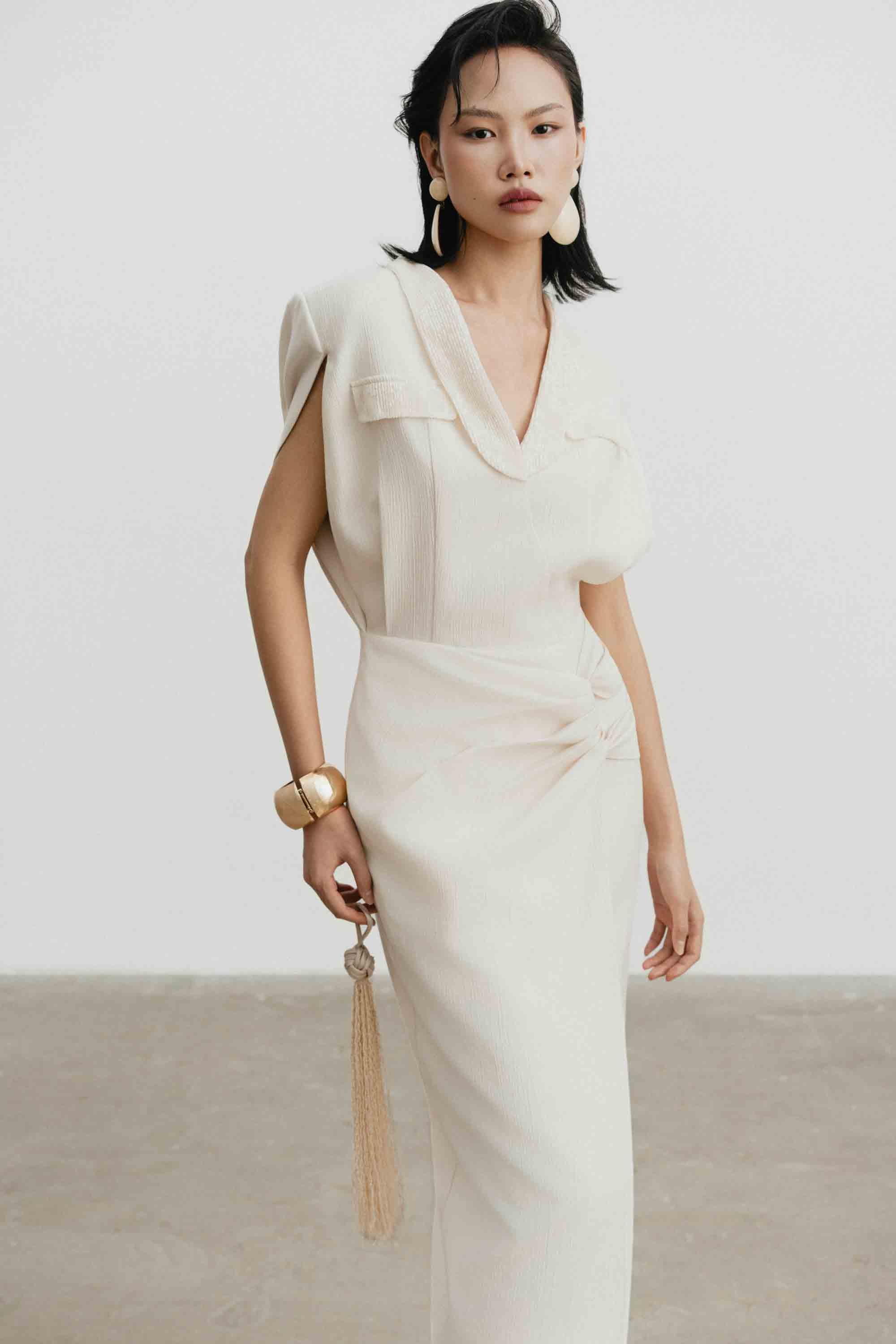 V-Neck Draped Midi Dress