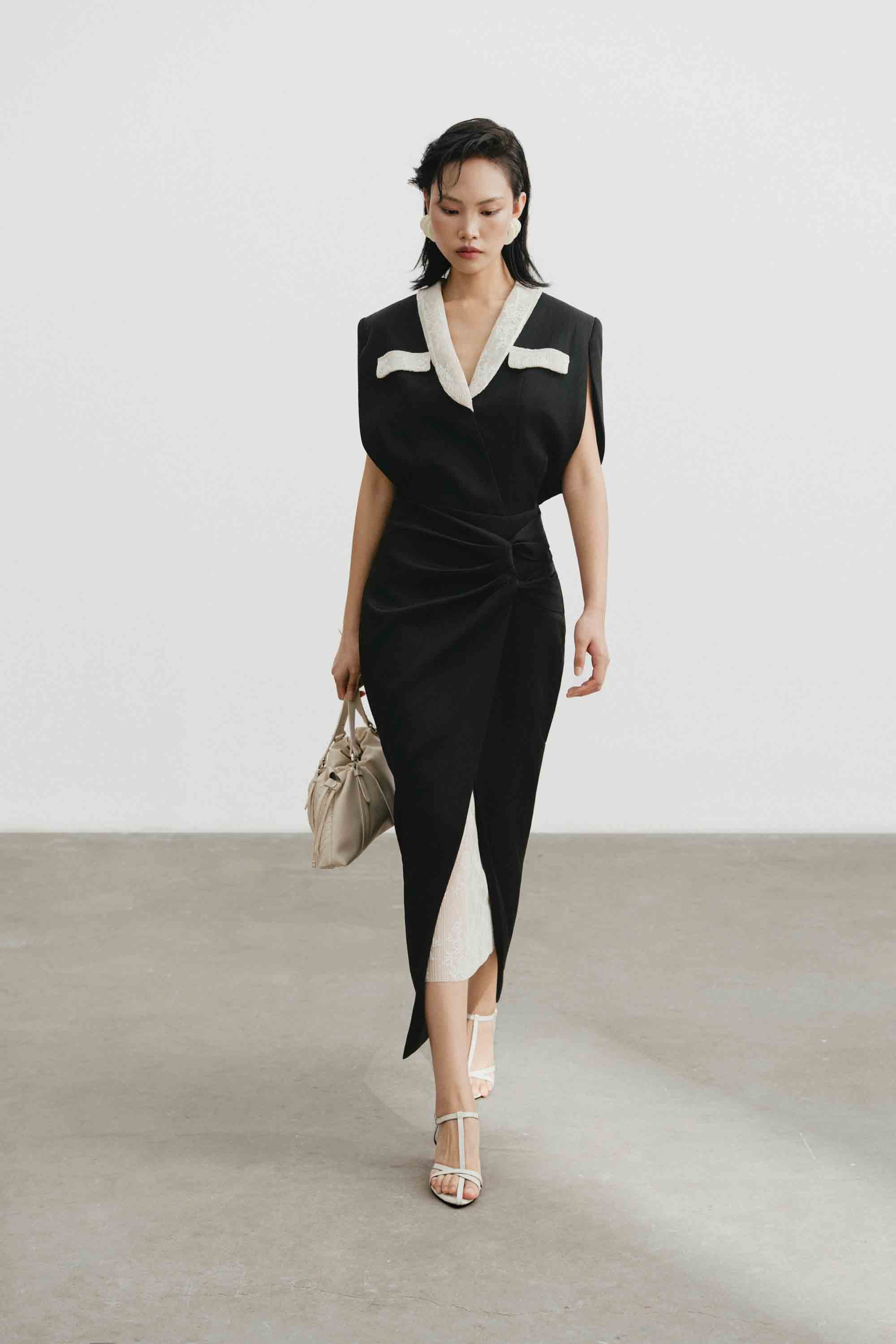 V-Neck Draped Midi Dress