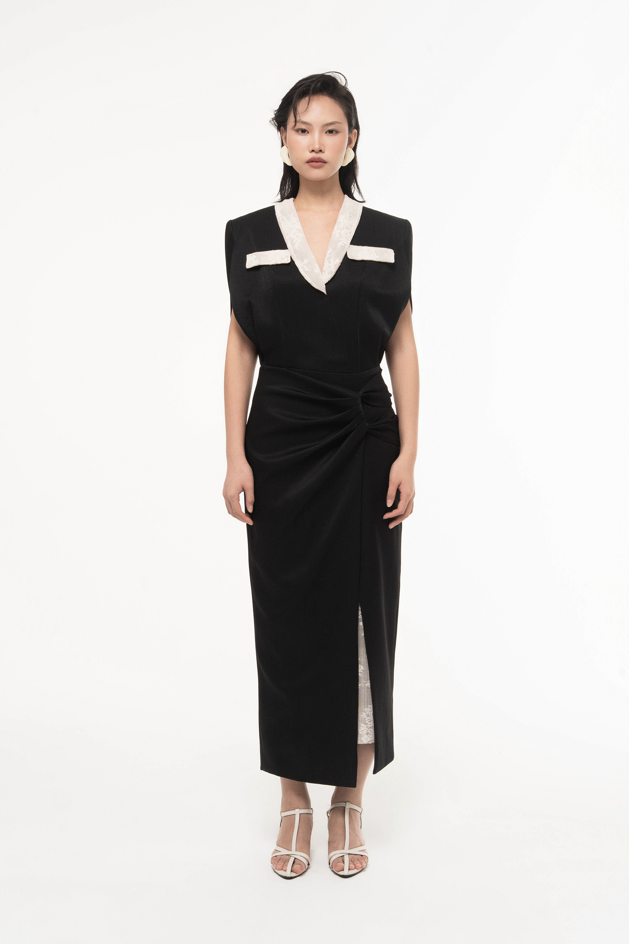 V-Neck Draped Midi Dress