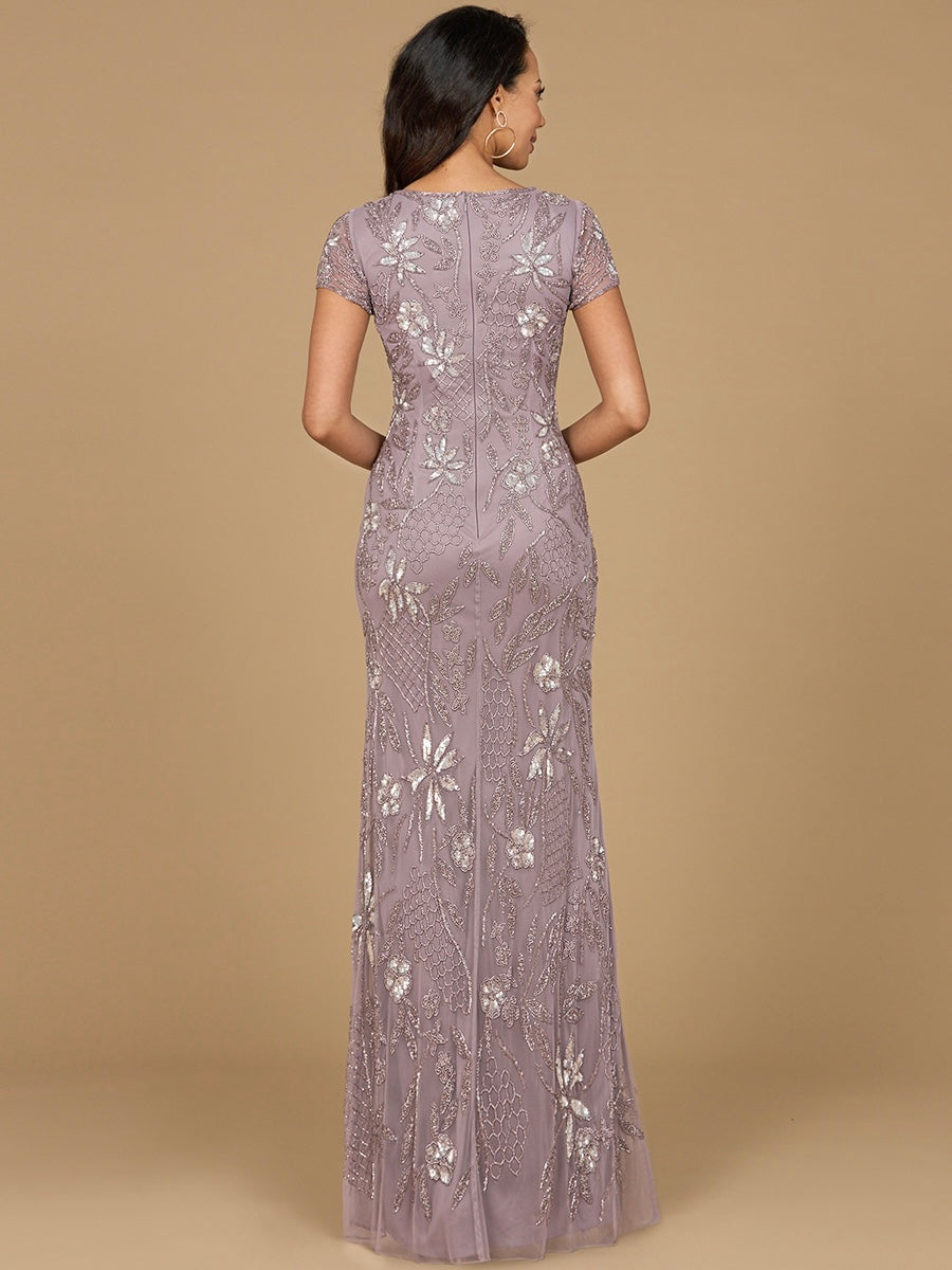 V-Neck, Short Sleeve Beaded Gown 28972