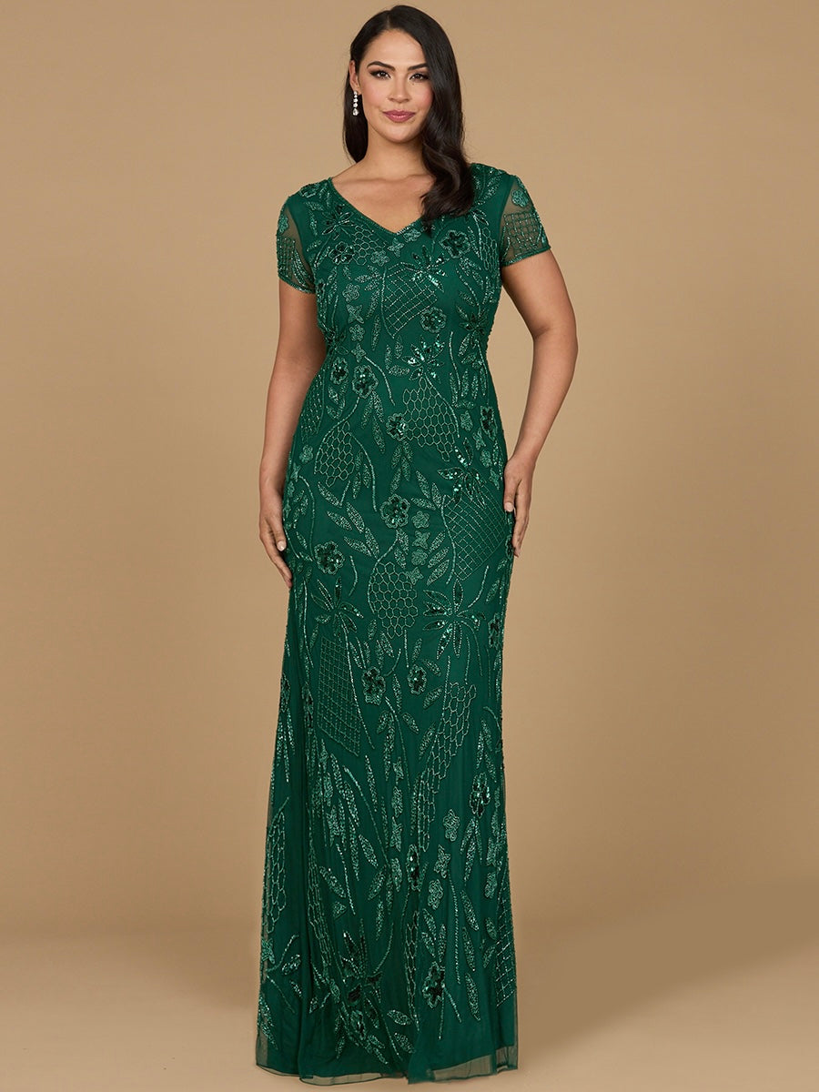 V-Neck, Short Sleeve Beaded Gown 28972