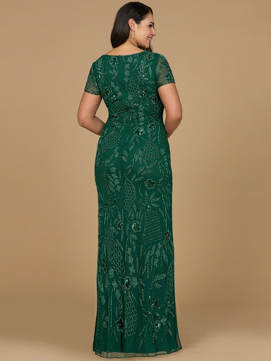 V-Neck, Short Sleeve Beaded Gown 28972