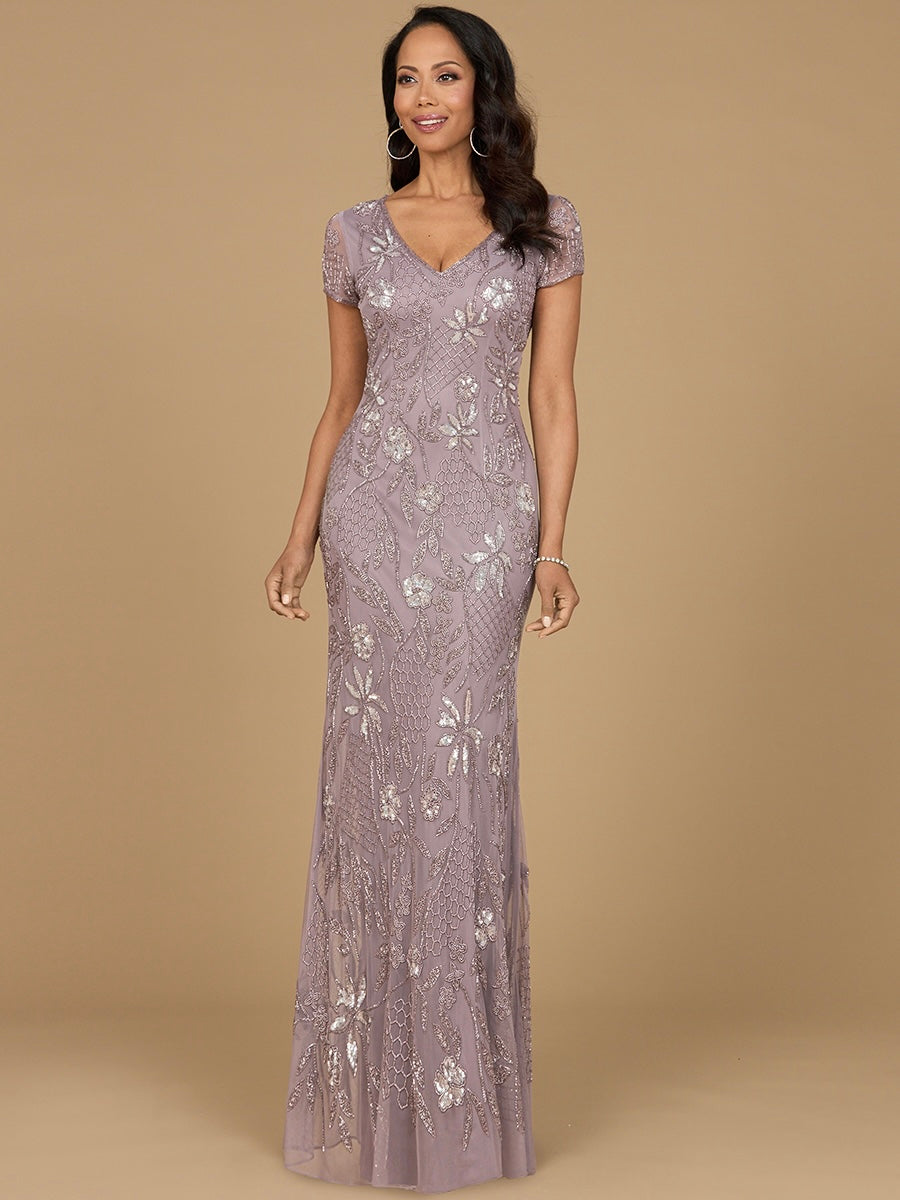 V-Neck, Short Sleeve Beaded Gown 28972